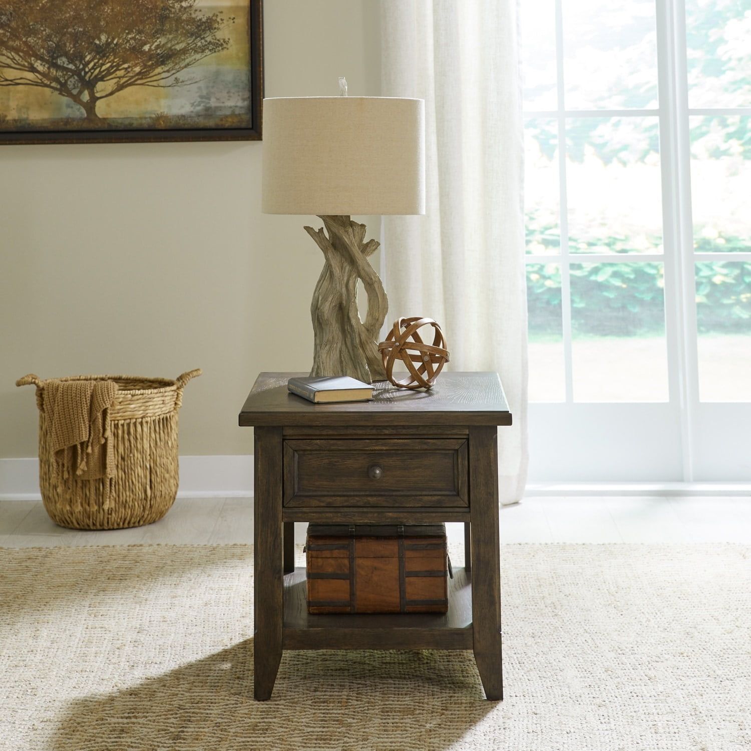 Saddle Brown Rectangular Wood and Metal End Table with Storage