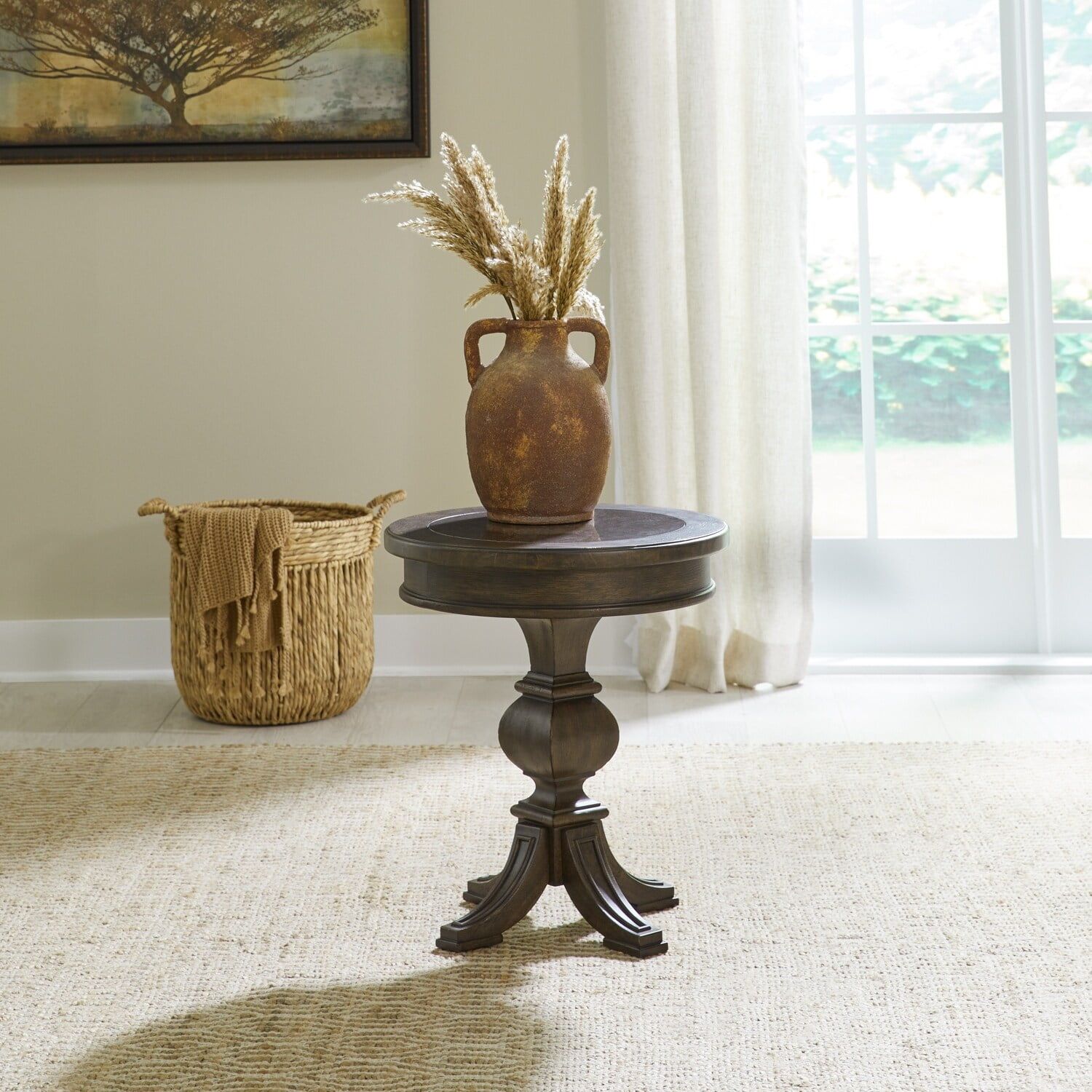 Saddle Brown Round Wood and Stone Chairside Table