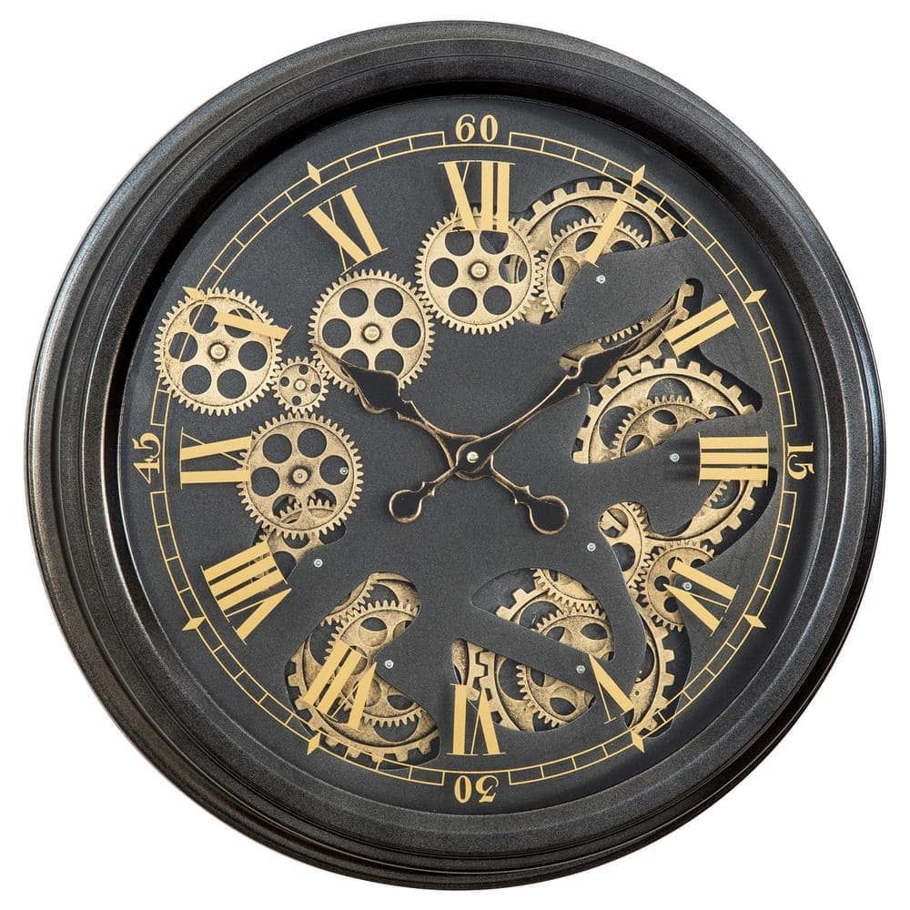 Black and Gold Metal Open Gear Wall Clock