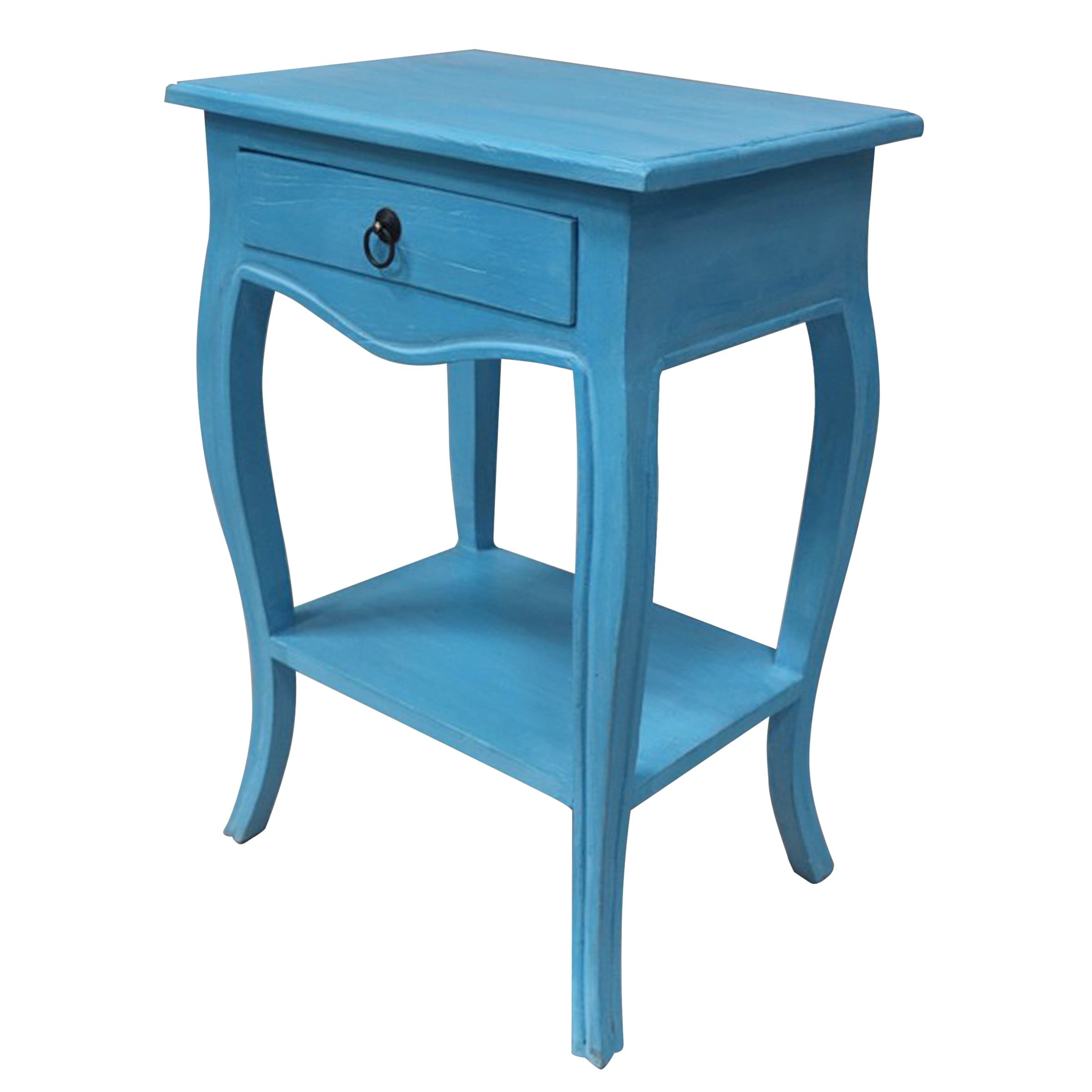 Antique Blue Solid Mindy Wood Side Table with Drawer and Shelf