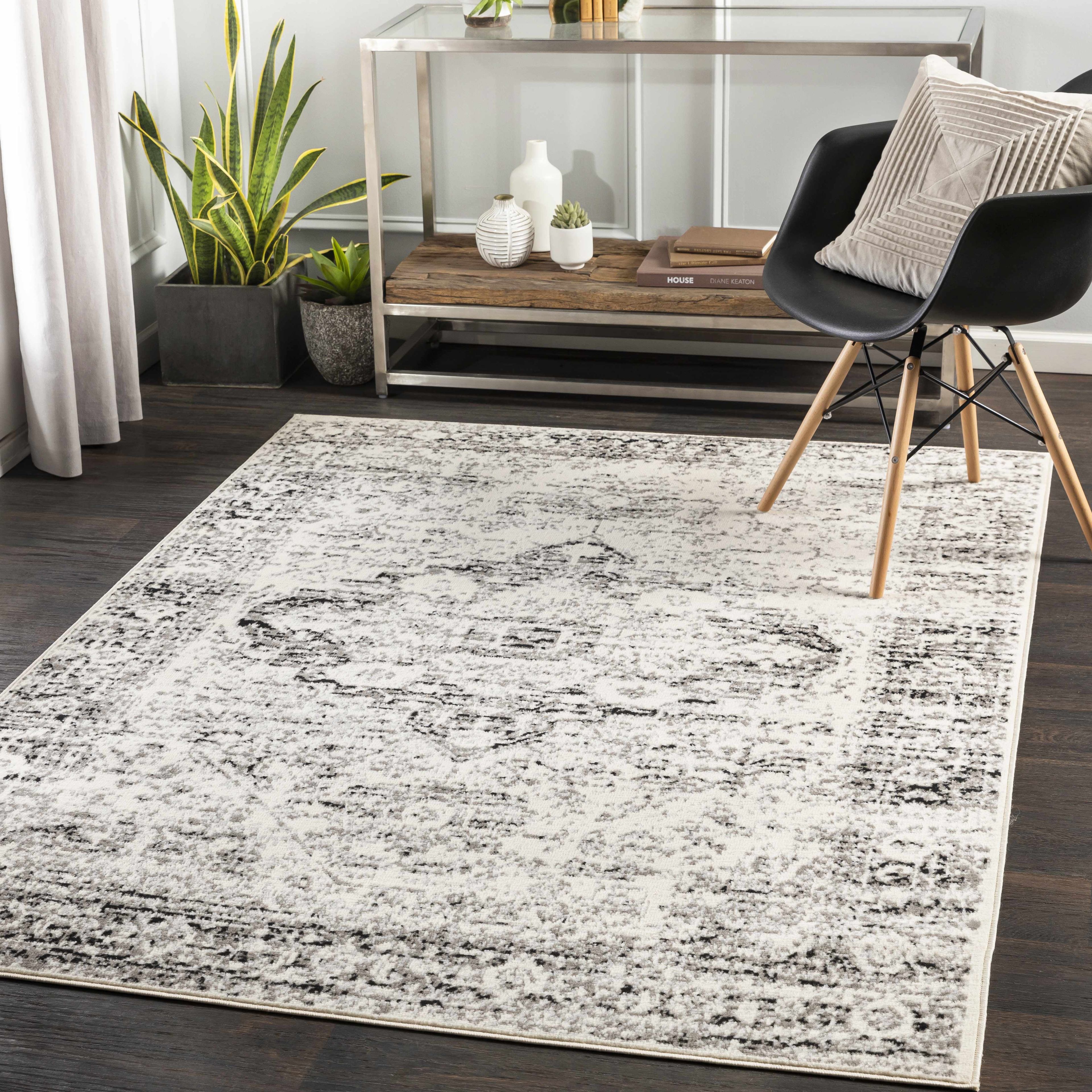 Gray and Black Rectangular Stain-Resistant Area Rug 6'7" x 9'