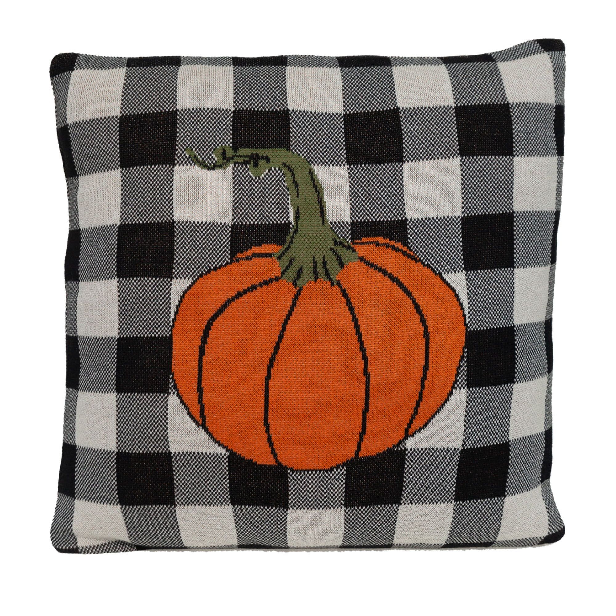 Orange and Black Plaid Pumpkin Square Cotton Throw Pillow