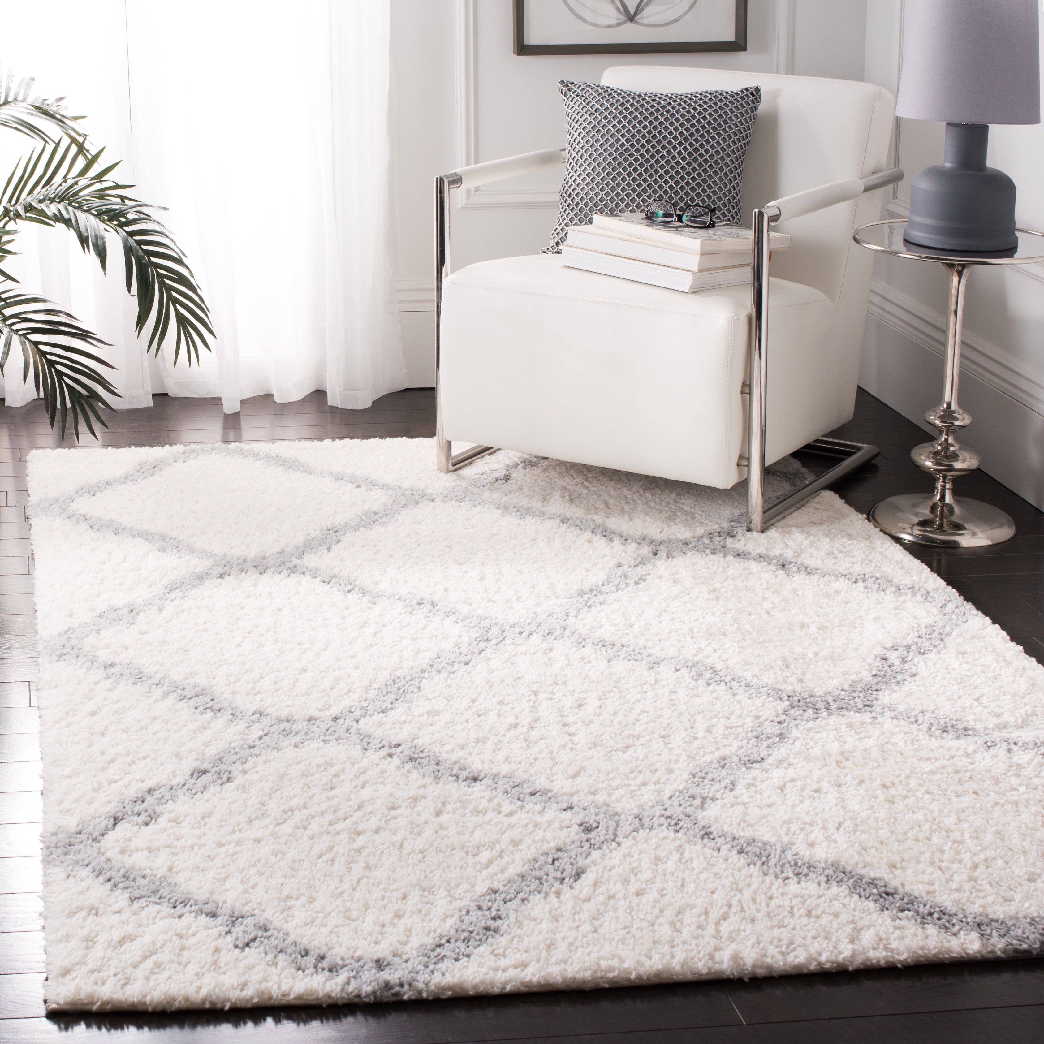 Cream and Gray Geometric Shag Area Rug, 9' x 12'