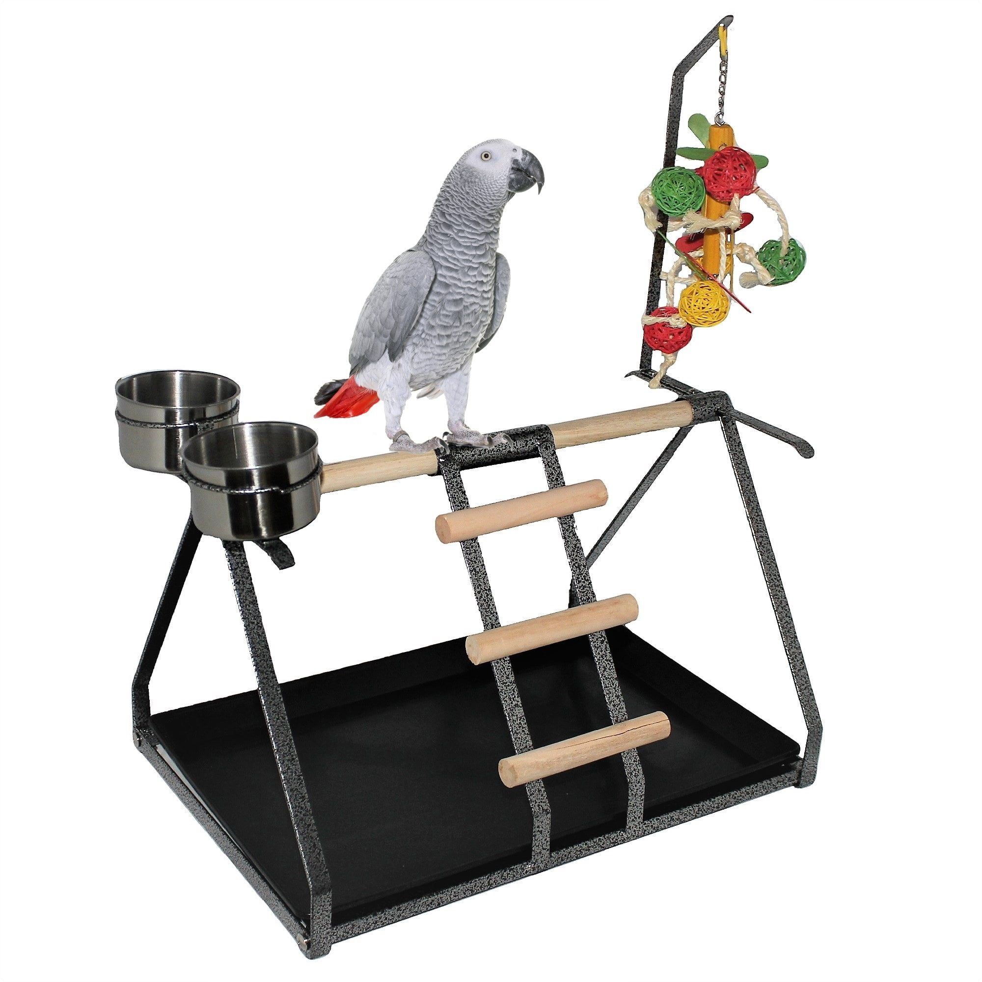 Medium Black Metal and Wood Parrot Perch Stand with Steel Cups