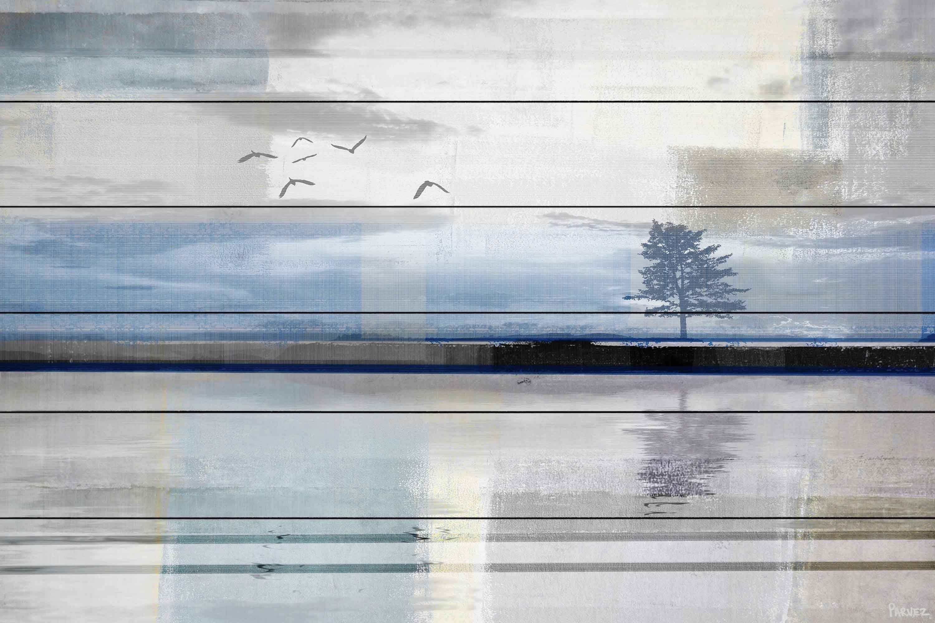 Ivory and Blue Canvas Print of Birds and Reflection, 12" x 18"