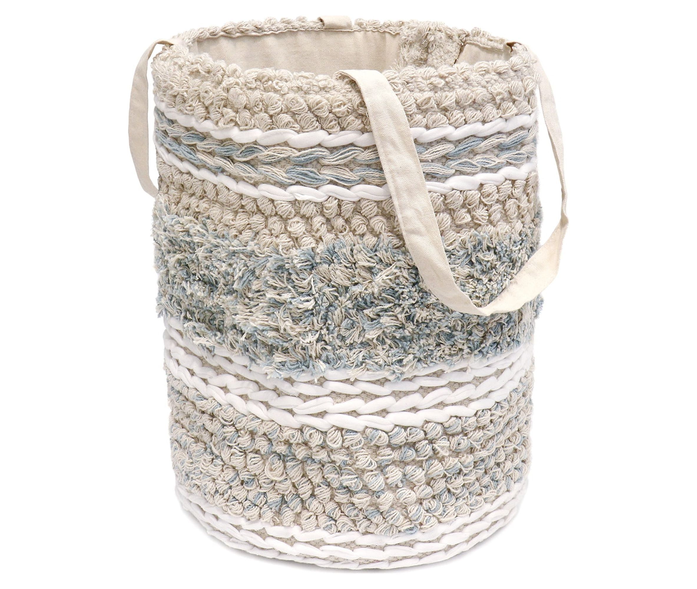 Seafoam Harmony 12" Cotton Storage Basket with Shag and Braid Detail