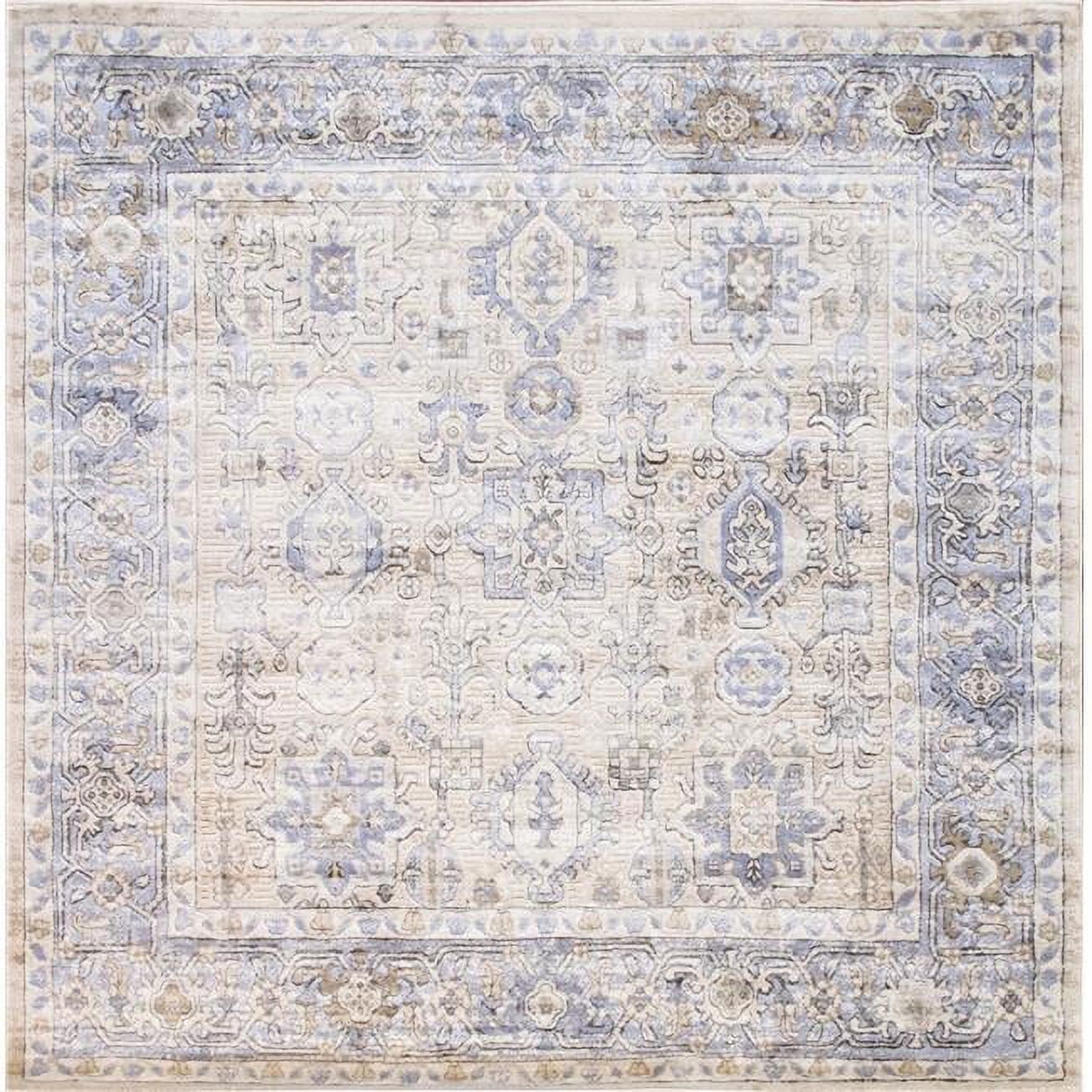 Beige and Blue 6' Square Stain-Resistant Synthetic Area Rug