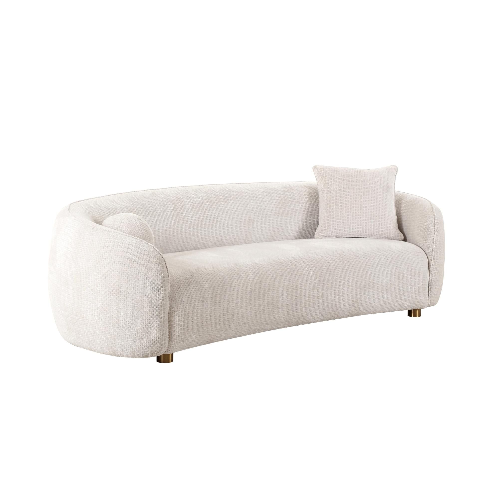 Ivory Fabric Round Arm Modern Sofa with Wood Legs