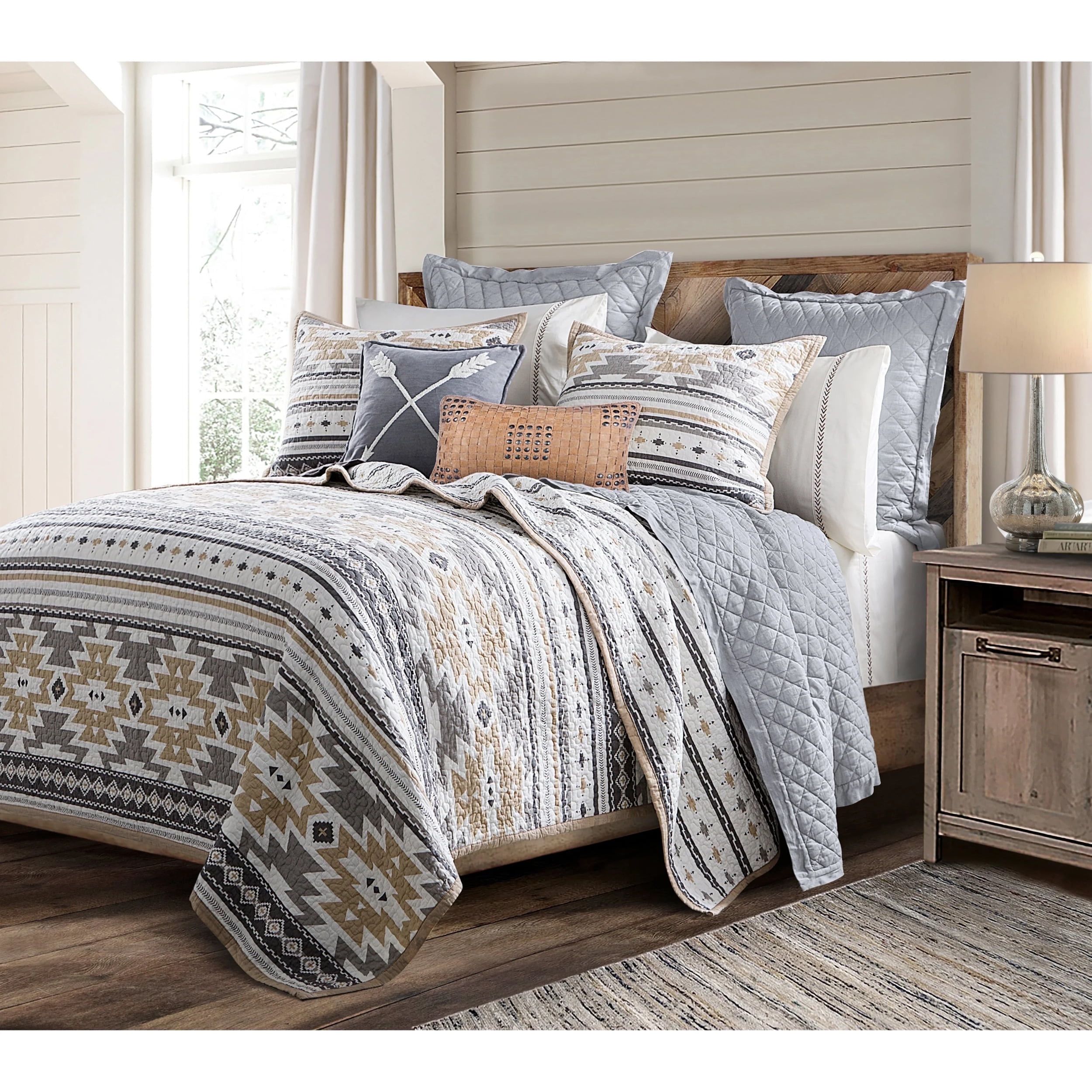 Gray and Tan Cotton Reversible King Quilt Set