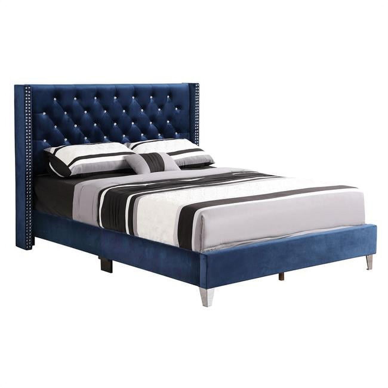 Navy Blue Velvet Tufted Upholstered Queen Bed with Nailhead Trim