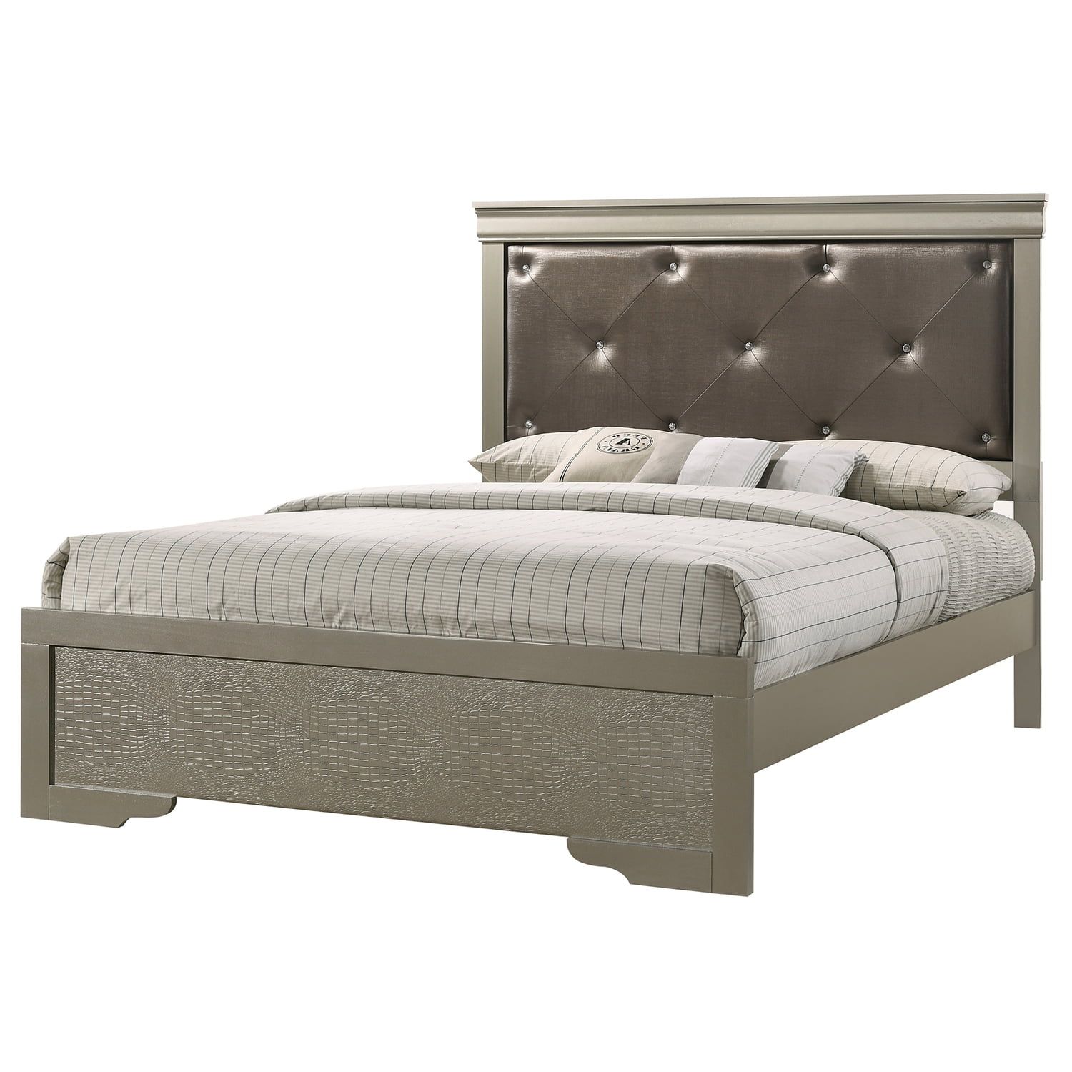 Lorana Silver Champagne and Black Faux Leather Queen Bed with Tufted Headboard