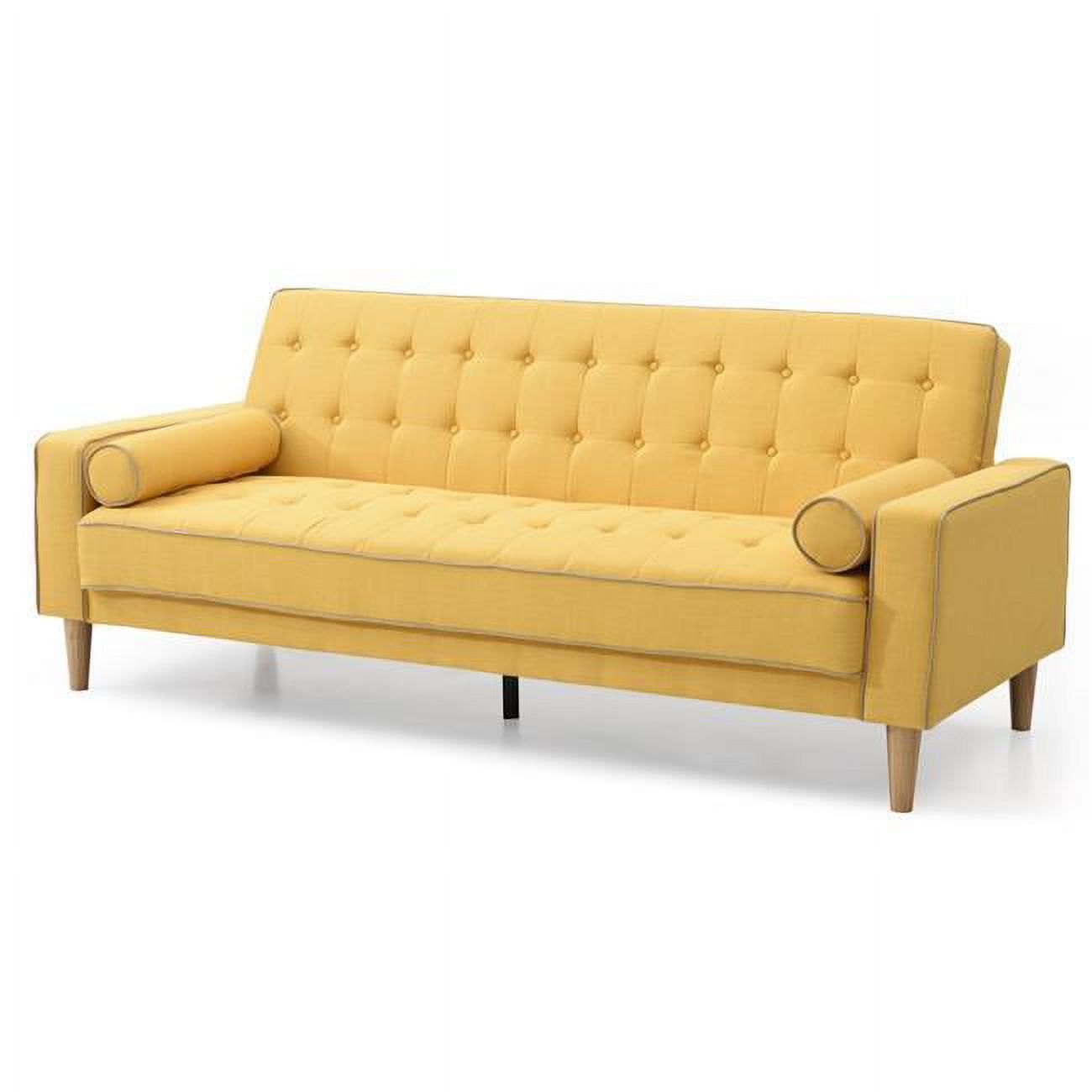 Mid-Century Yellow Tufted Fabric Sleeper Loveseat with Wood Legs