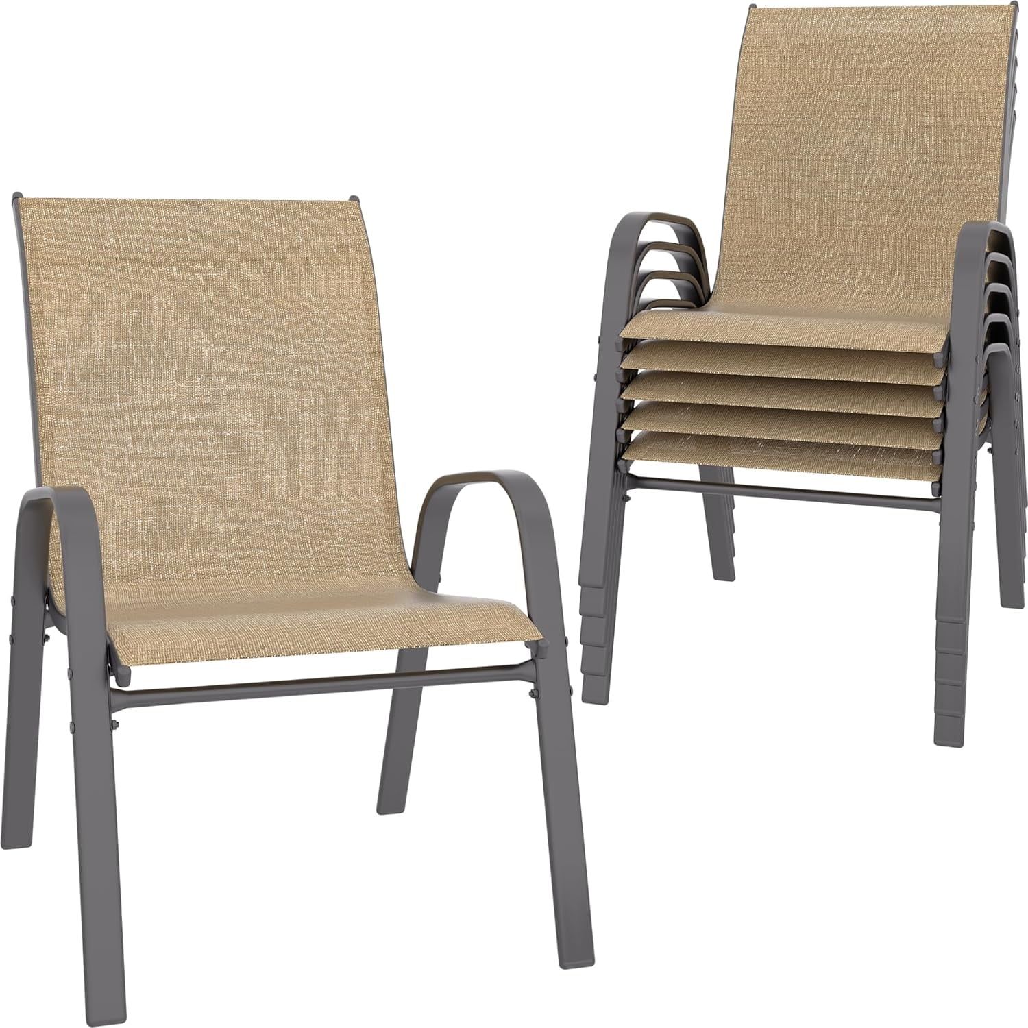 Gray Steel Frame Stackable Outdoor Dining Armchairs, Set of 6