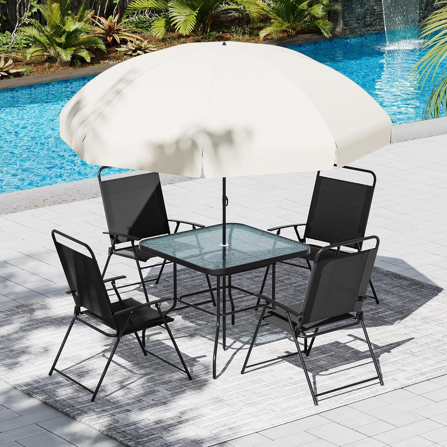 6-Piece Black Steel and Glass Patio Dining Set with Umbrella