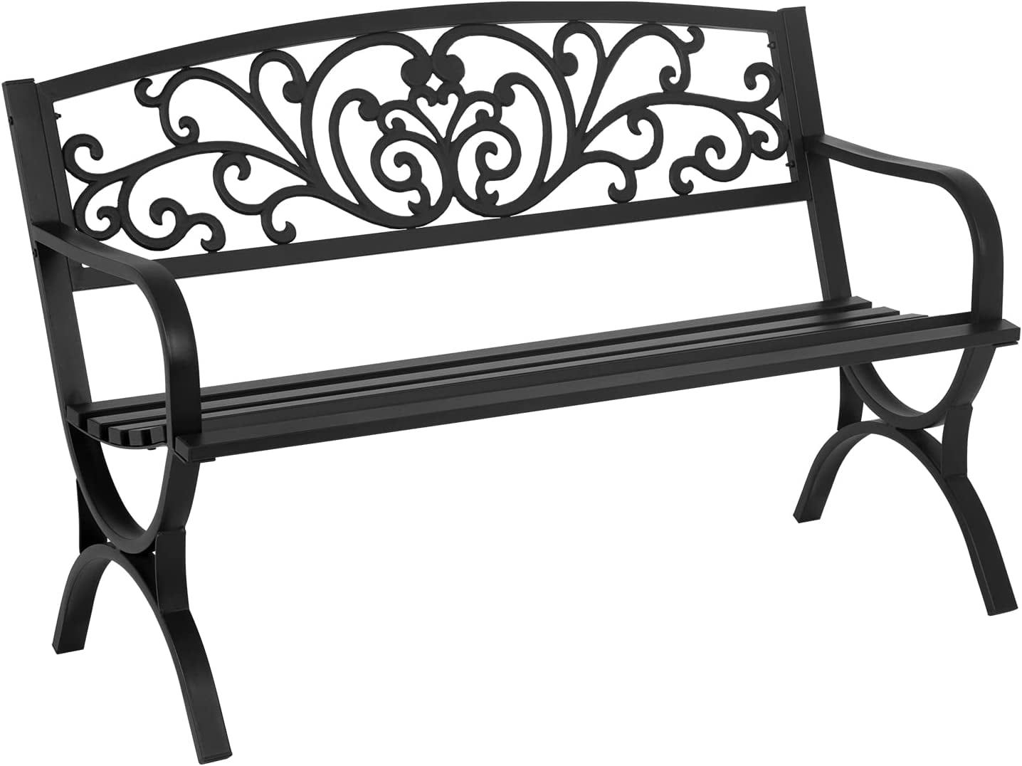 Black Steel Outdoor Garden Bench with Decorative Backrest