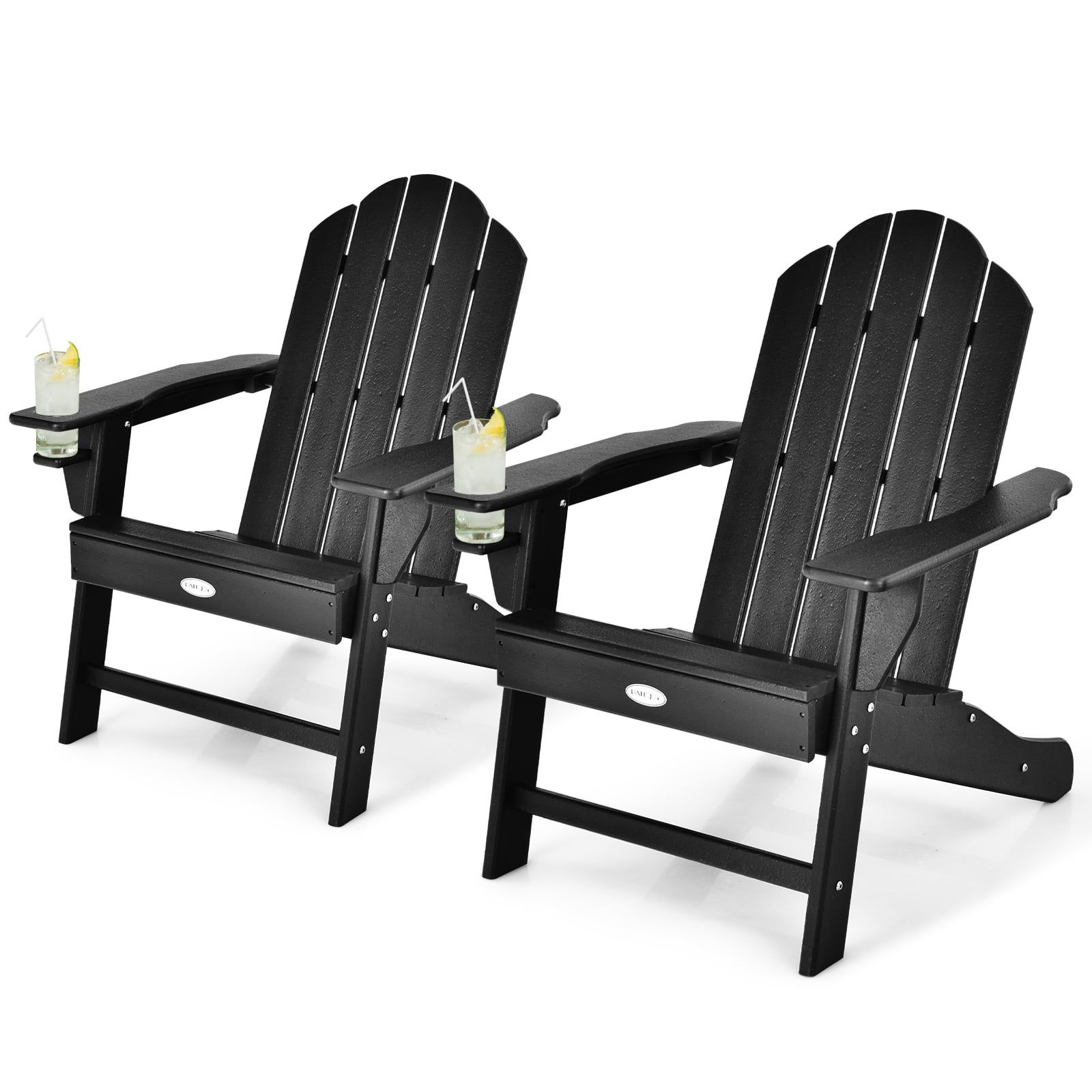 Black HDPE Adirondack Chairs with Cup Holders, Set of 2