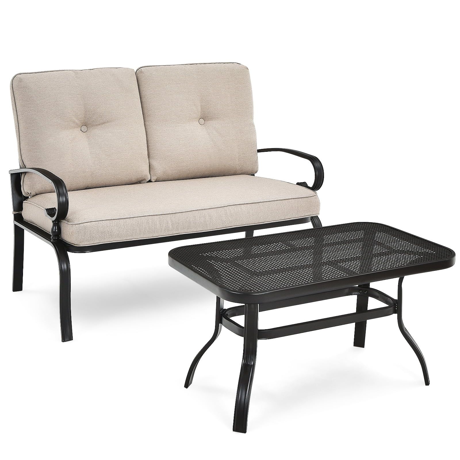 Modern Black Steel Outdoor Loveseat with Beige Cushions and Coffee Table