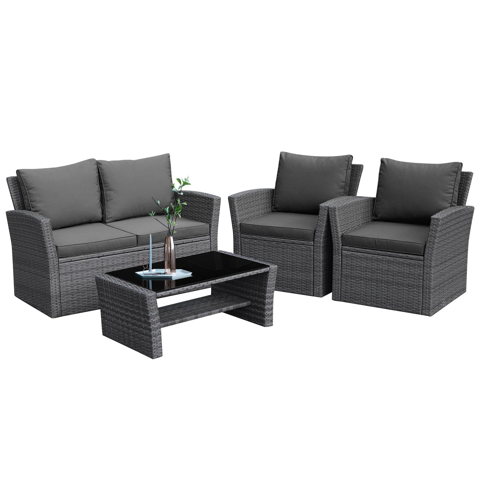 Gray 4-Piece Rattan Wicker Outdoor Sofa Set with Cushions and Glass Table