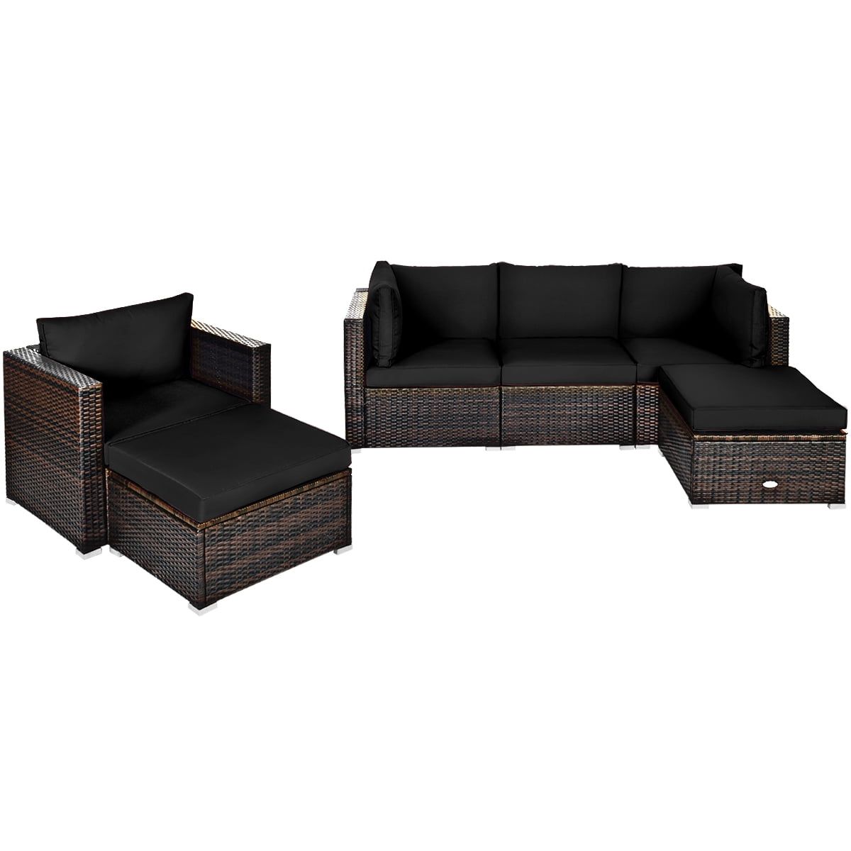 6-Piece Black Rattan Outdoor Patio Furniture Set with Cushions