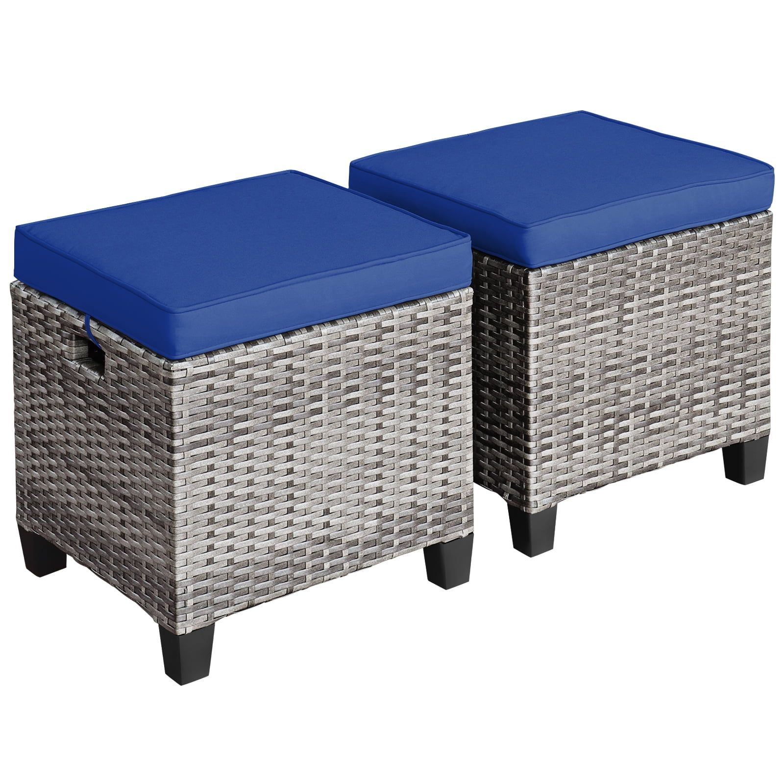 Navy Cushioned Outdoor Rattan Ottomans with Black Legs