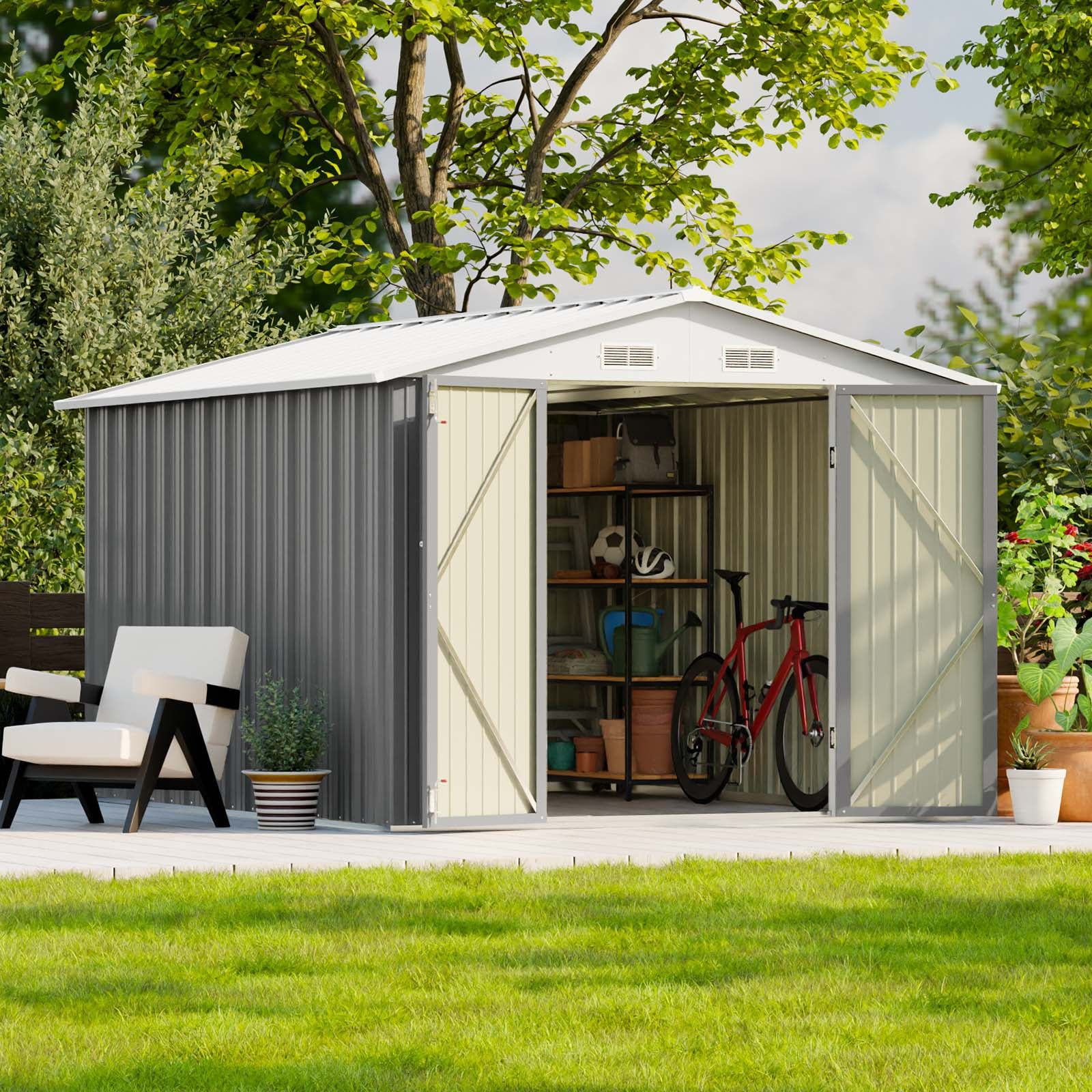 Gray 8' x 10' Metal Outdoor Storage Shed with Lockable Doors