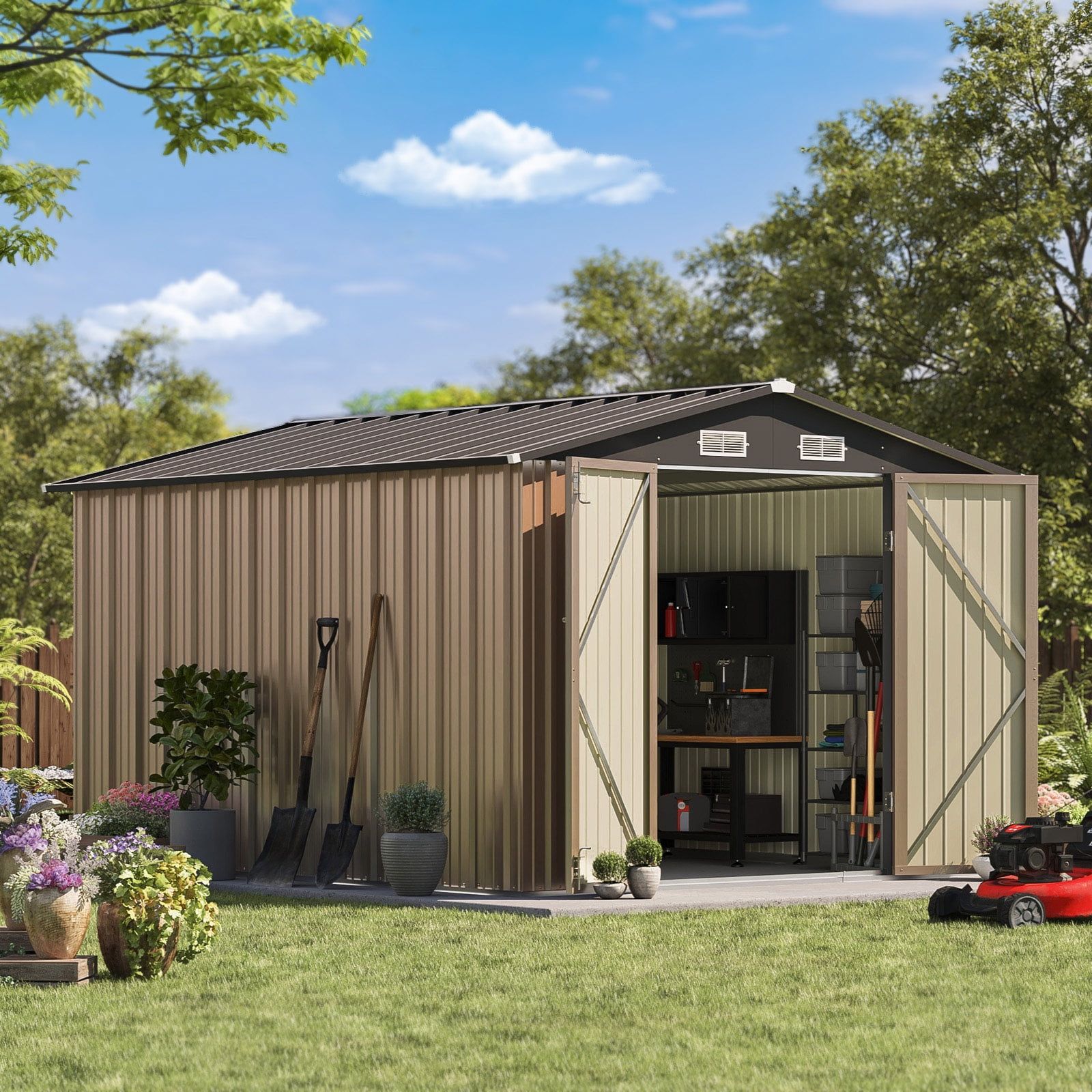 8' x 10' Brown Metal Storage Shed with Windows and Double Doors