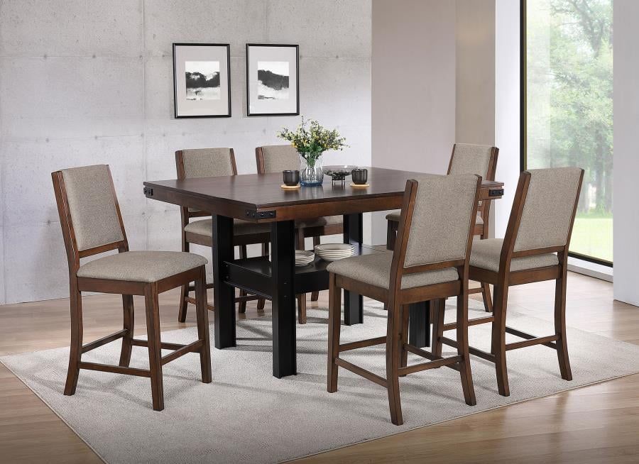 Mango Oak and Black 7-Piece Counter Height Dining Set with Beige Upholstery