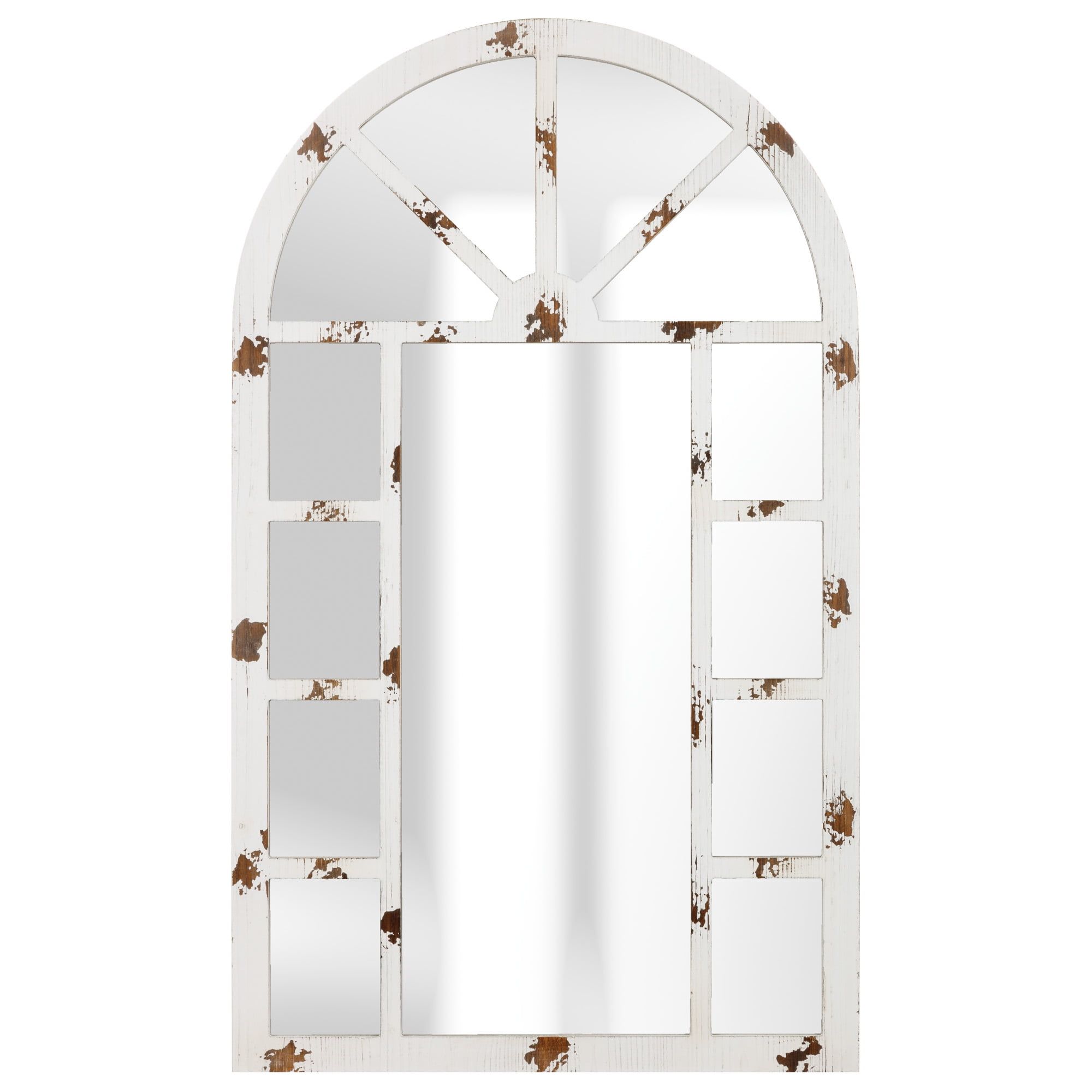 Distressed White Solid Wood 40" Arch Windowpane Wall Mirror