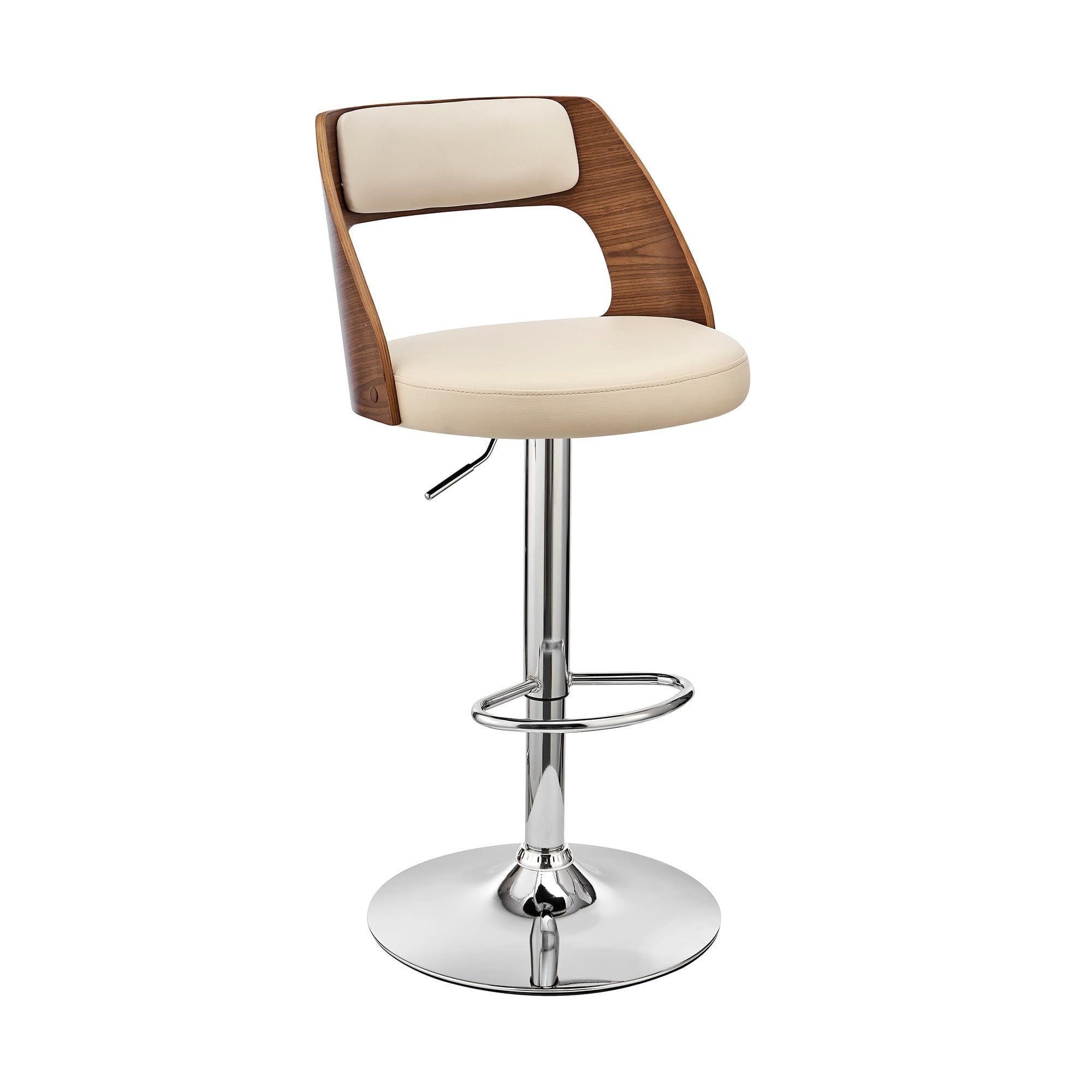 Adjustable Cream Faux Leather and Walnut Wood Swivel Bar Stool with Chrome Base