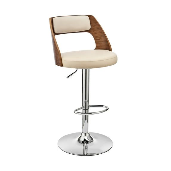 Adjustable Cream Faux Leather and Walnut Wood Swivel Bar Stool with Chrome Base