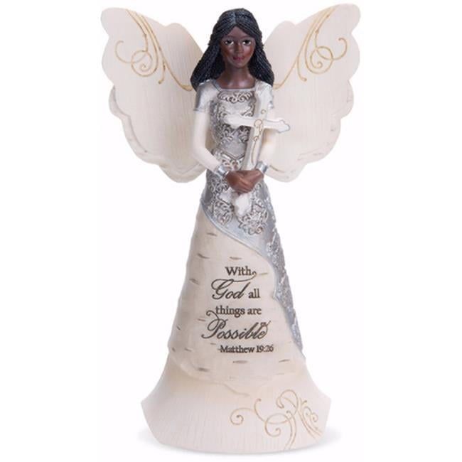 Ebony Resin Angel Figurine with Cross and Scripture, 6.5 inches