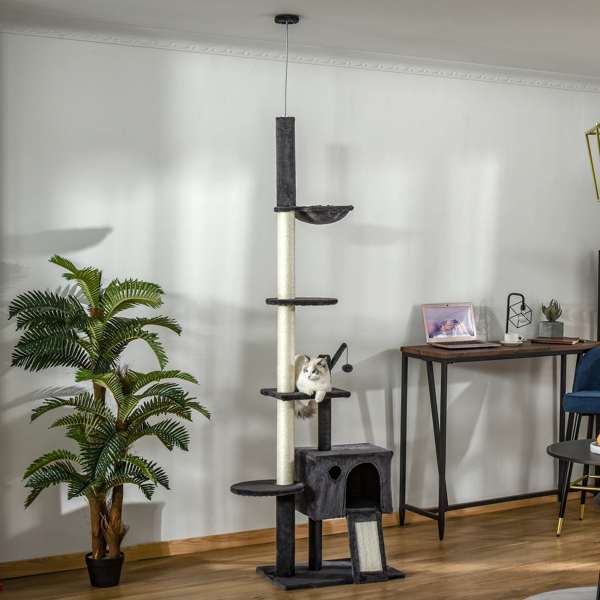 Dark Gray Sisal Floor-to-Ceiling Cat Tree with Hammock and Toys