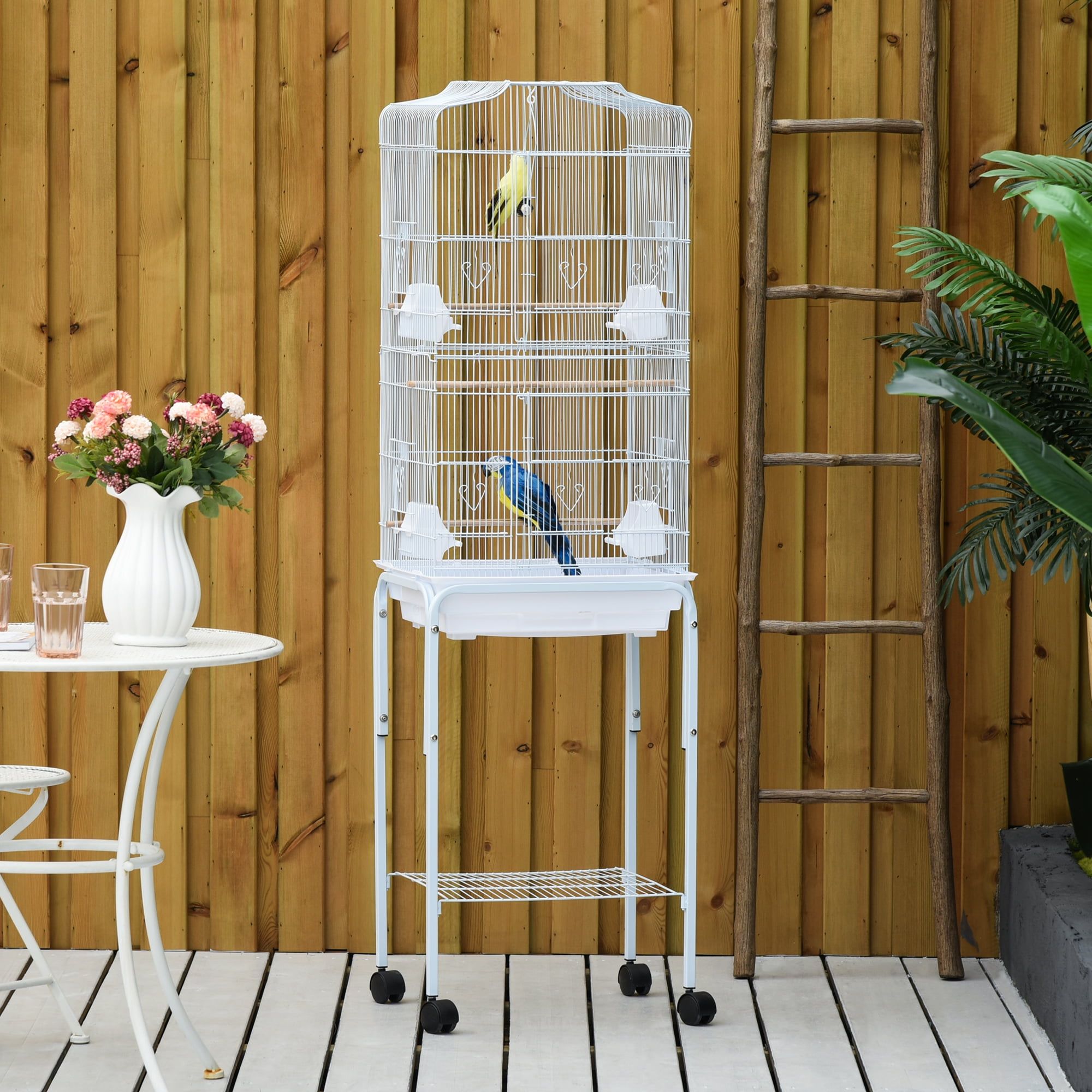 White Metal Bird Cage with Rolling Stand and Accessories