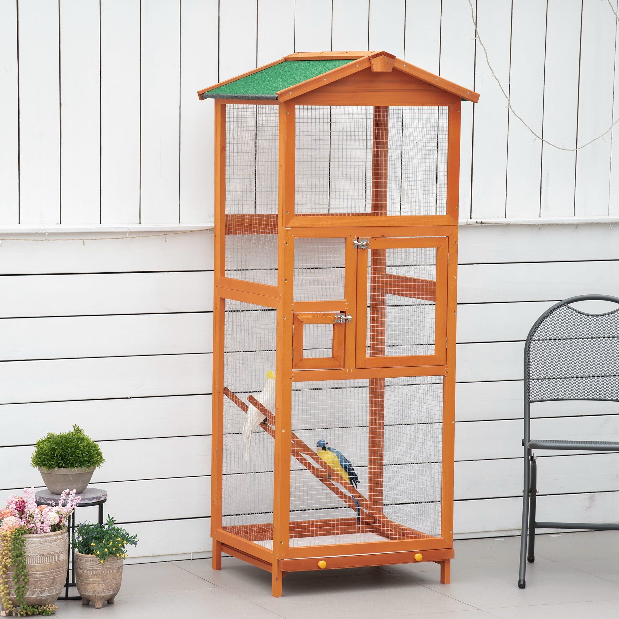 Pine Wood Outdoor Aviary Bird Cage with Green Roof