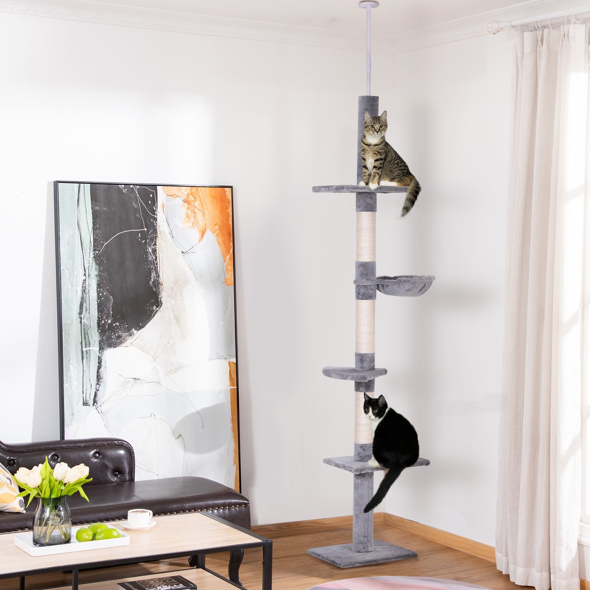 Gray and White Adjustable Height 5-Tier Cat Tree with Sisal Rope