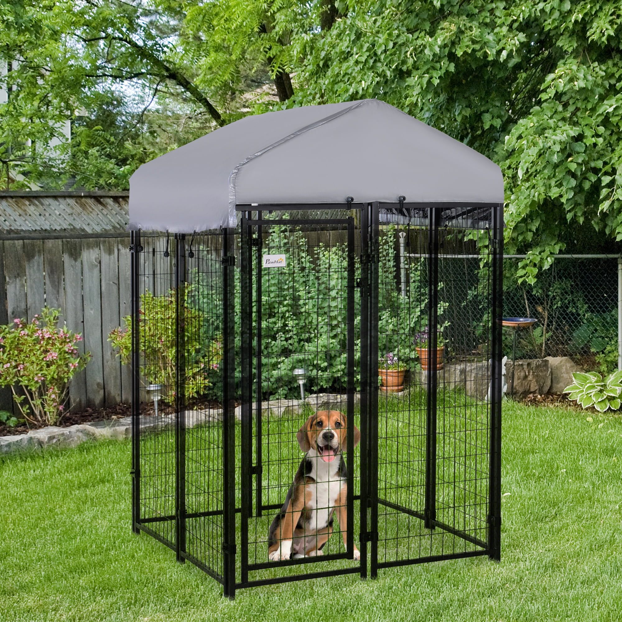 PawHut Medium Black Metal Dog Kennel with Roof