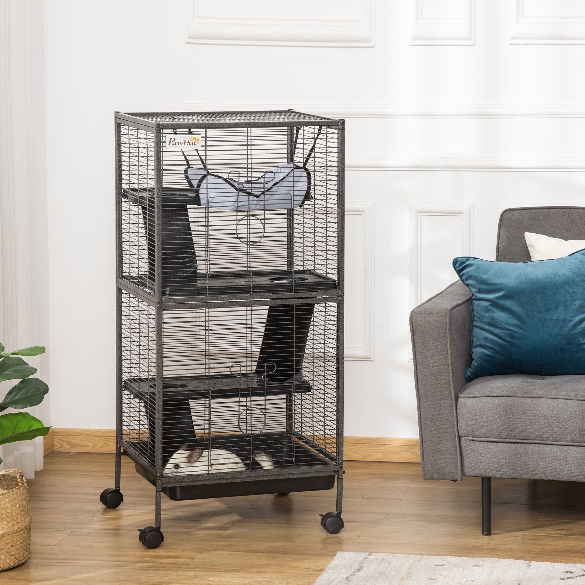 Gray Rolling Metal Small Animal Cage with Hammock and Platforms