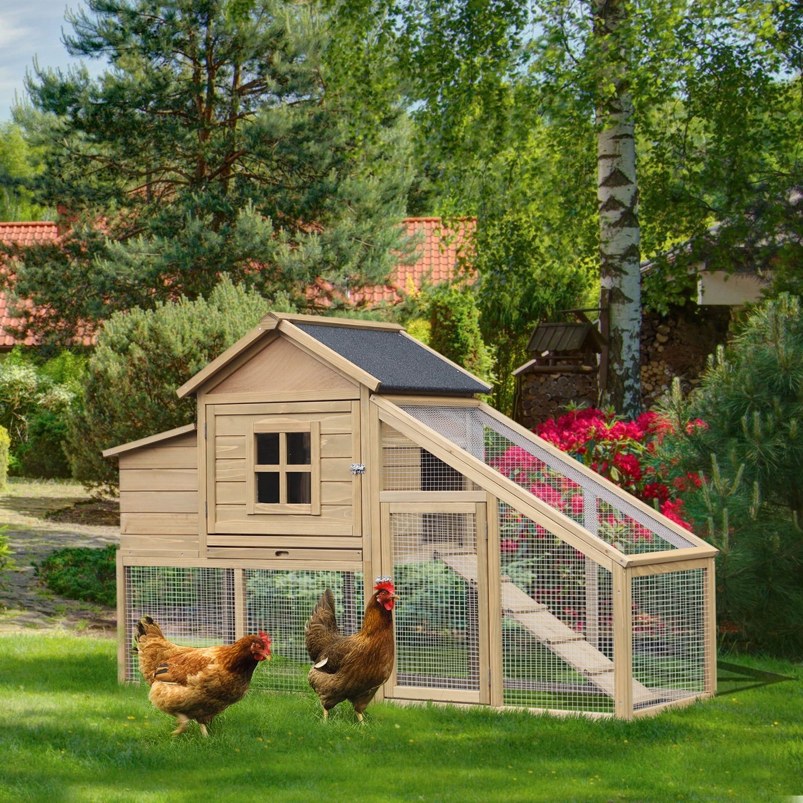 Natural Wood 69" Outdoor Chicken Coop with Nesting Box and Run