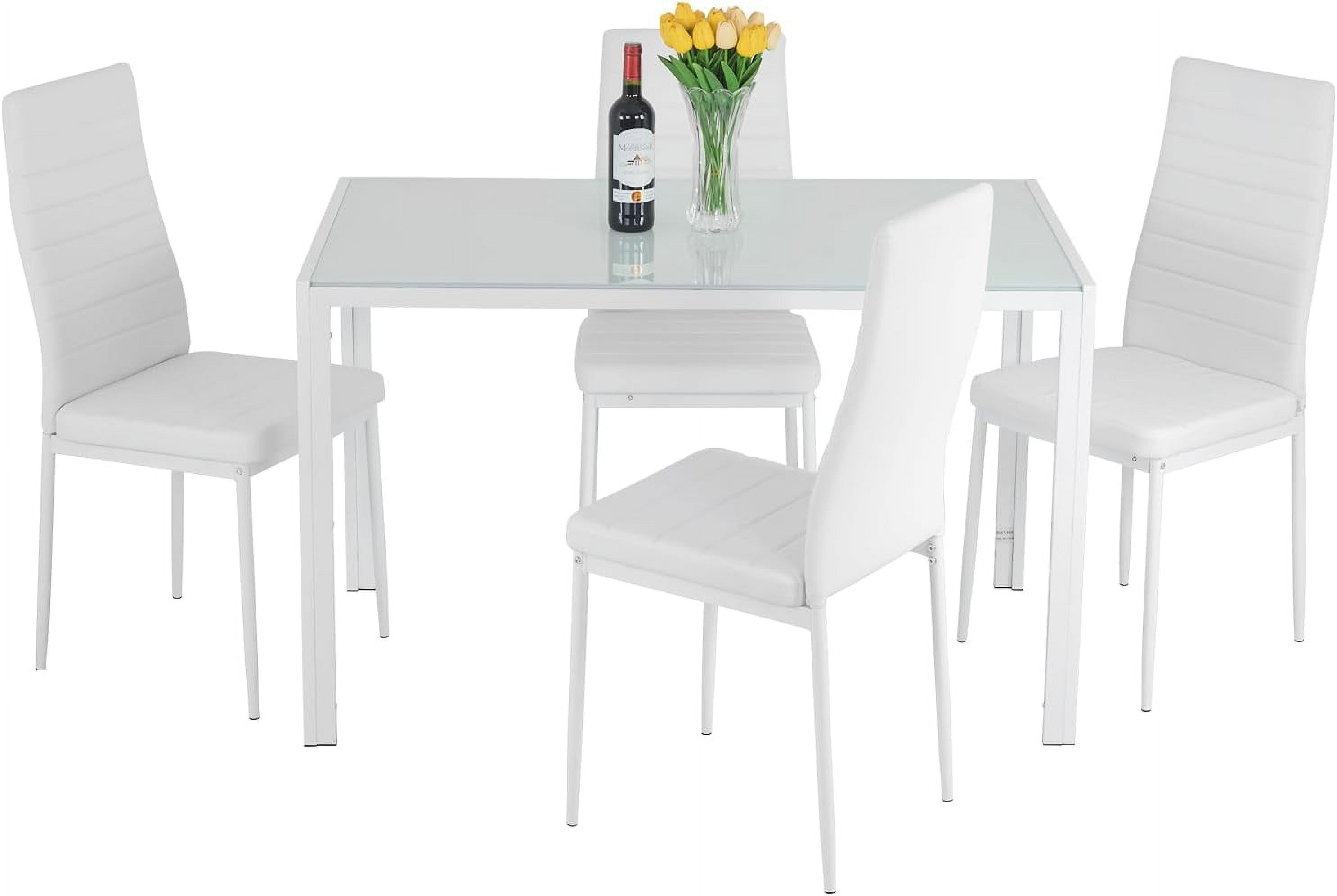 White Glass and Faux Leather 5-Piece Dining Set