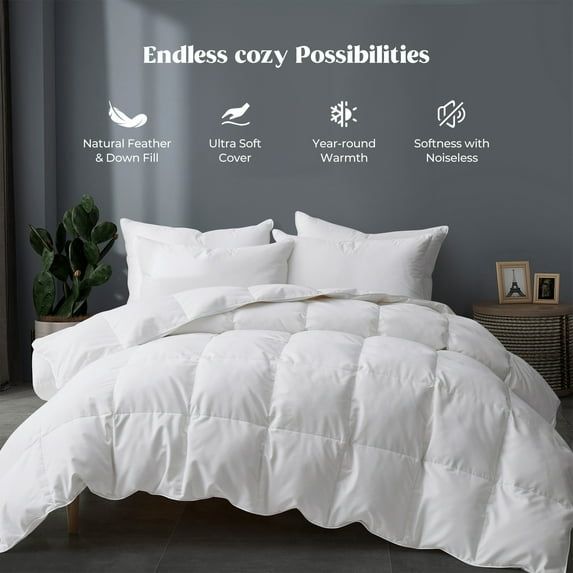 King Size White Goose Feather Down Comforter with Polyester Blend Cover