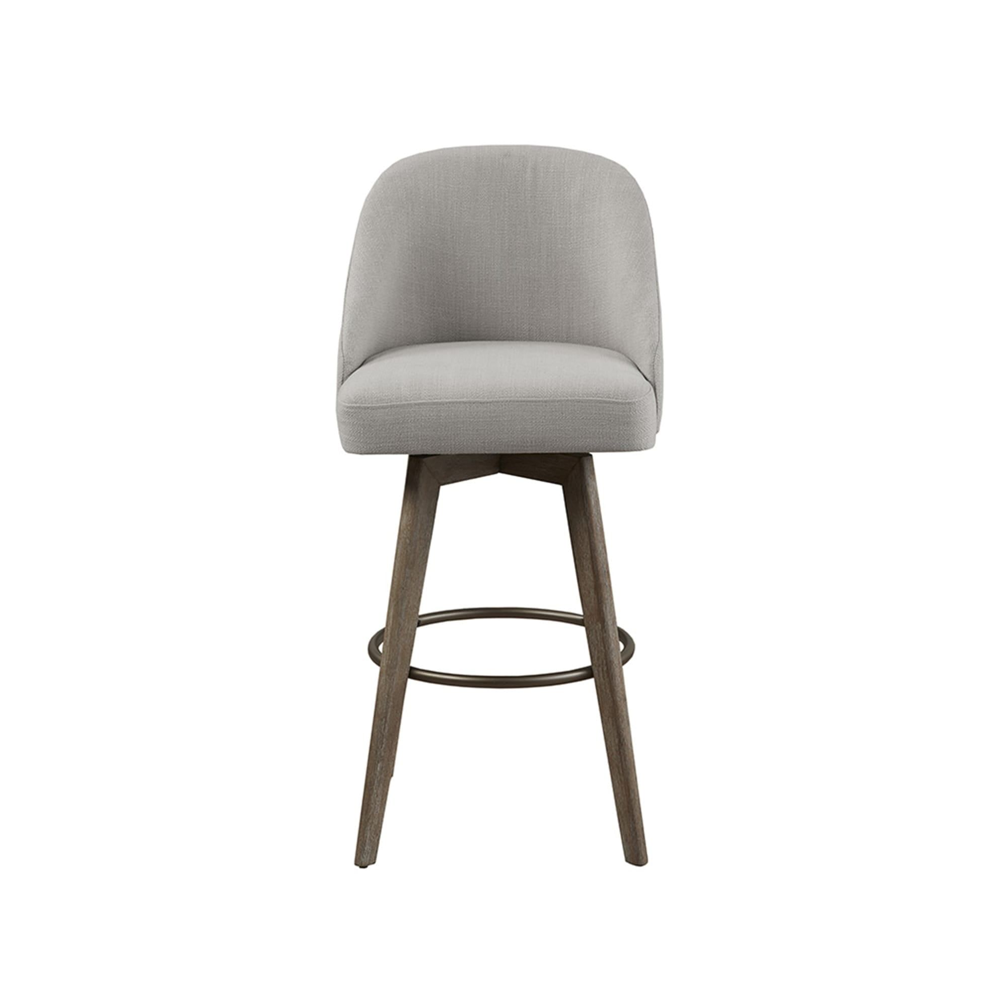 Gray Upholstered Swivel Bar Stool with Wood Legs