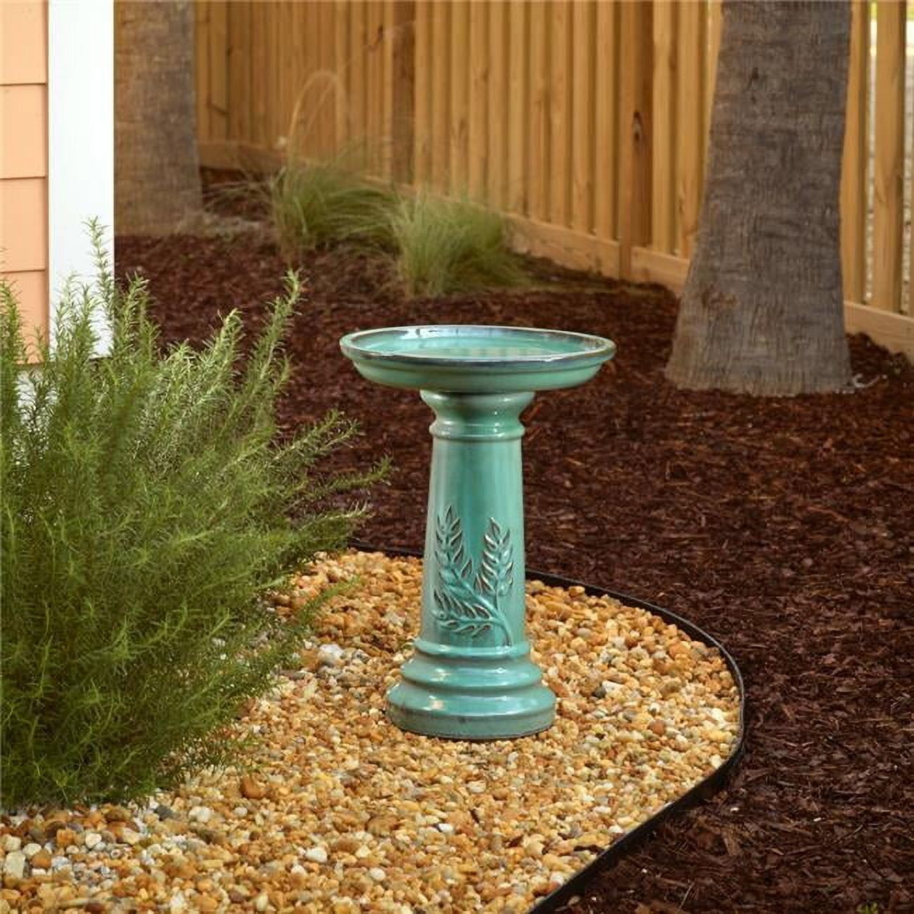 Minty Teal Ceramic Traditional Birdbath with Leaf Motif