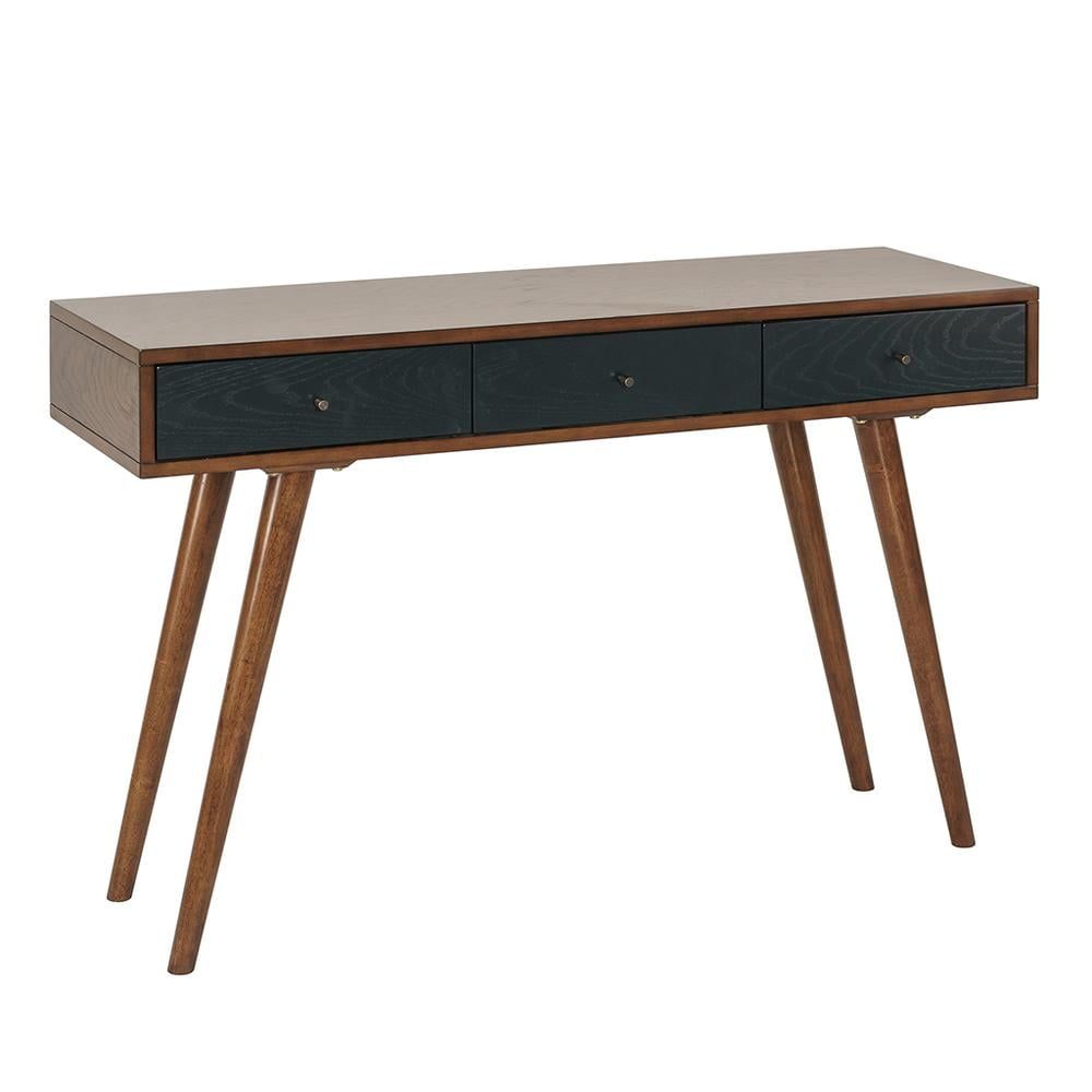 Pecan and Navy Mid-Century Modern 3-Drawer Writing Desk