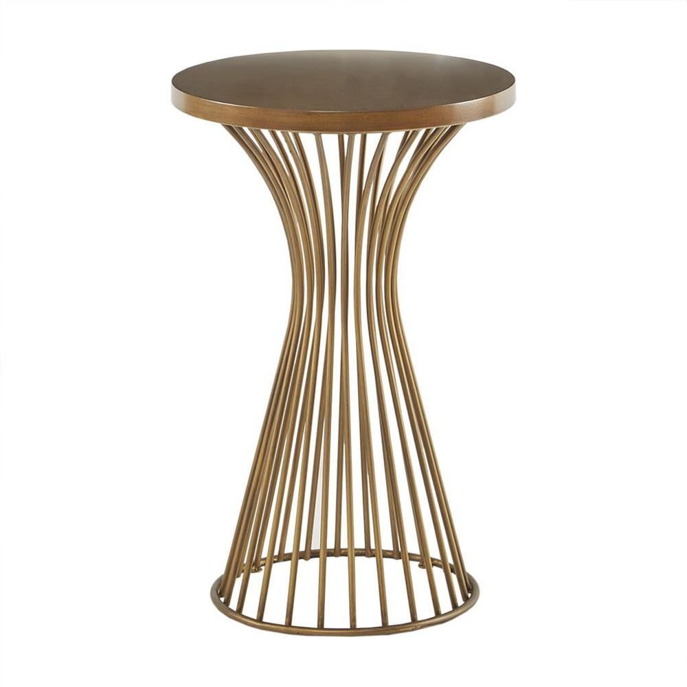 Bronze Metal Wire Frame Pedestal Table with Wood Veneer Top