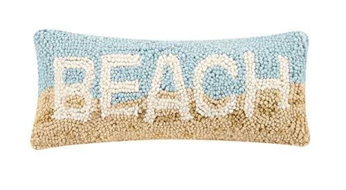 Blue and Beige Wool Embroidered Beach Throw Pillow