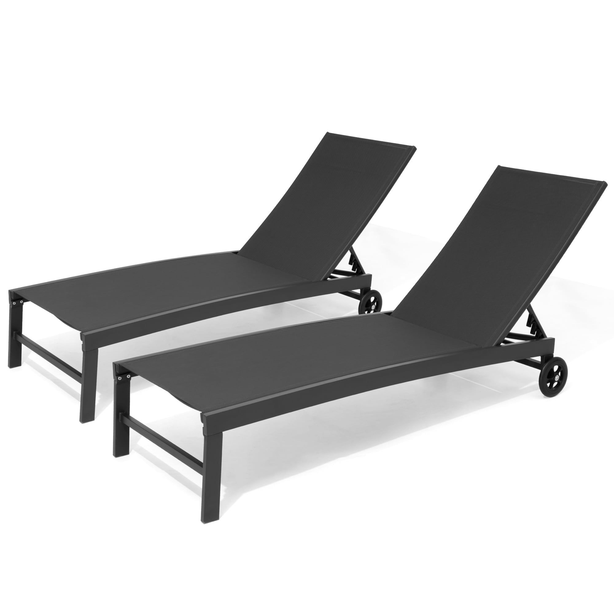 Black Adjustable Aluminum Outdoor Chaise Lounge Set with Wheels