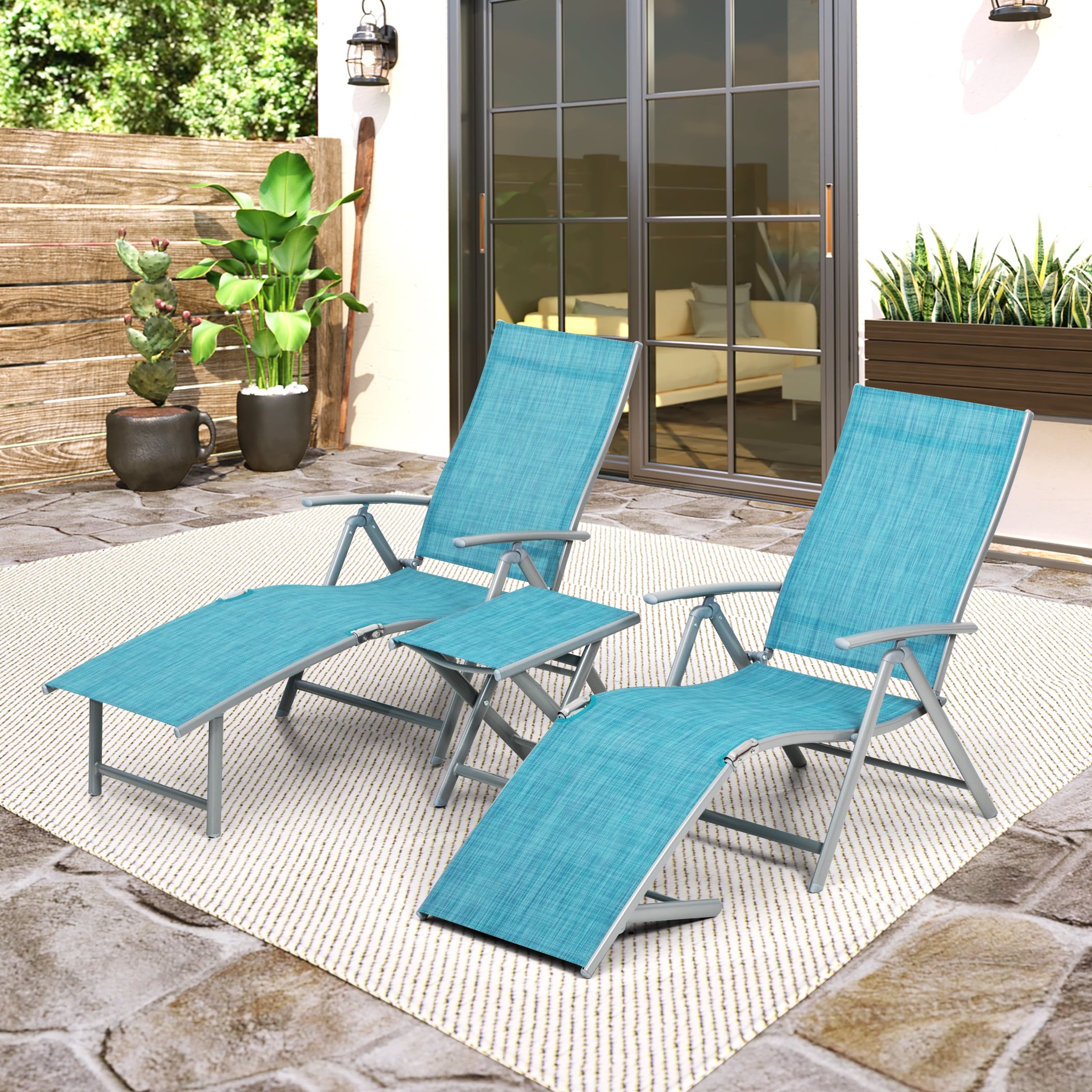 Blue Aluminum 2-Person Folding Chaise Lounge Set with Table