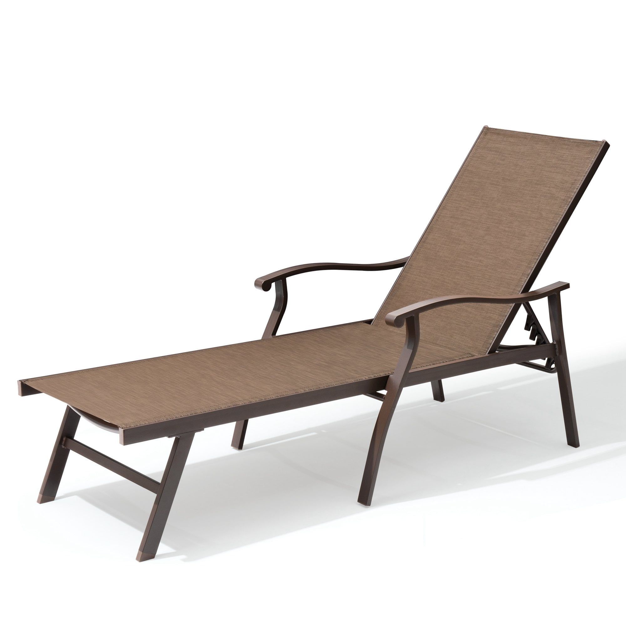 Brown Aluminum Adjustable Outdoor Chaise Lounge with Arms