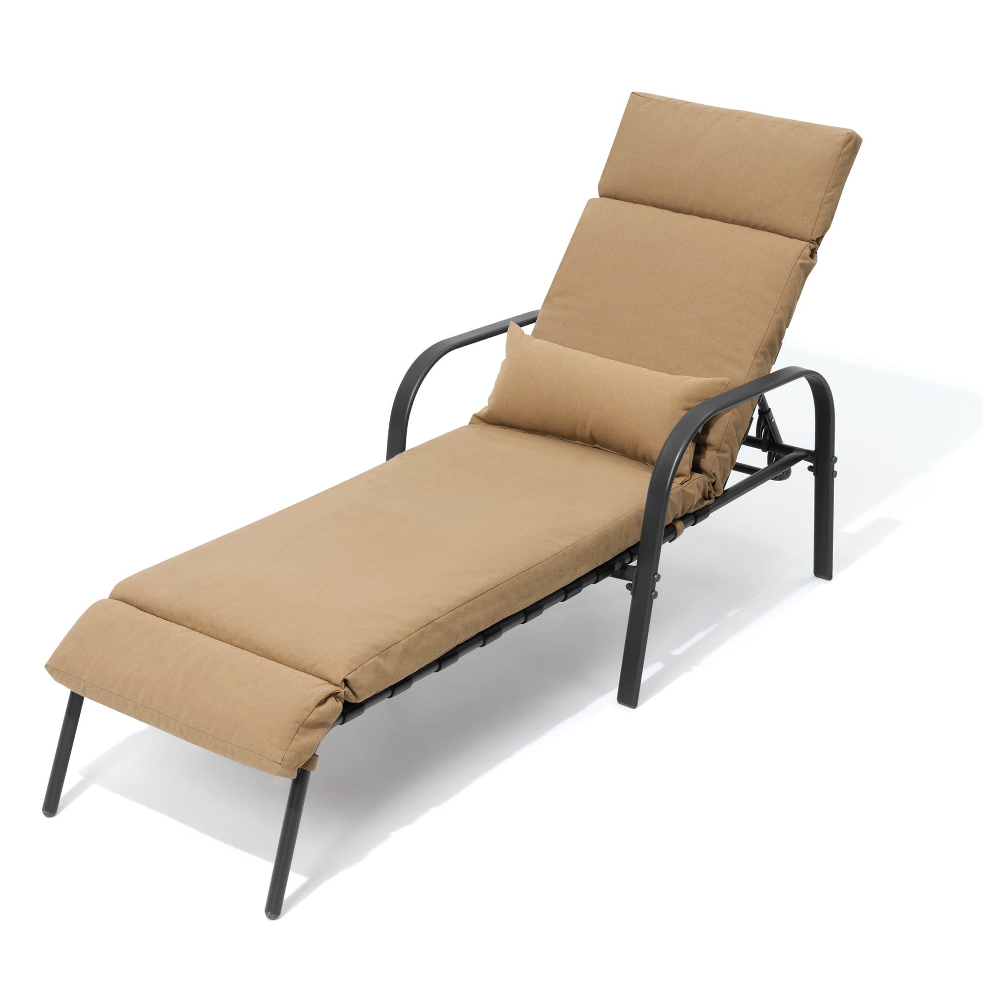 Tan Adjustable Steel Frame Outdoor Chaise Lounge with Cushion