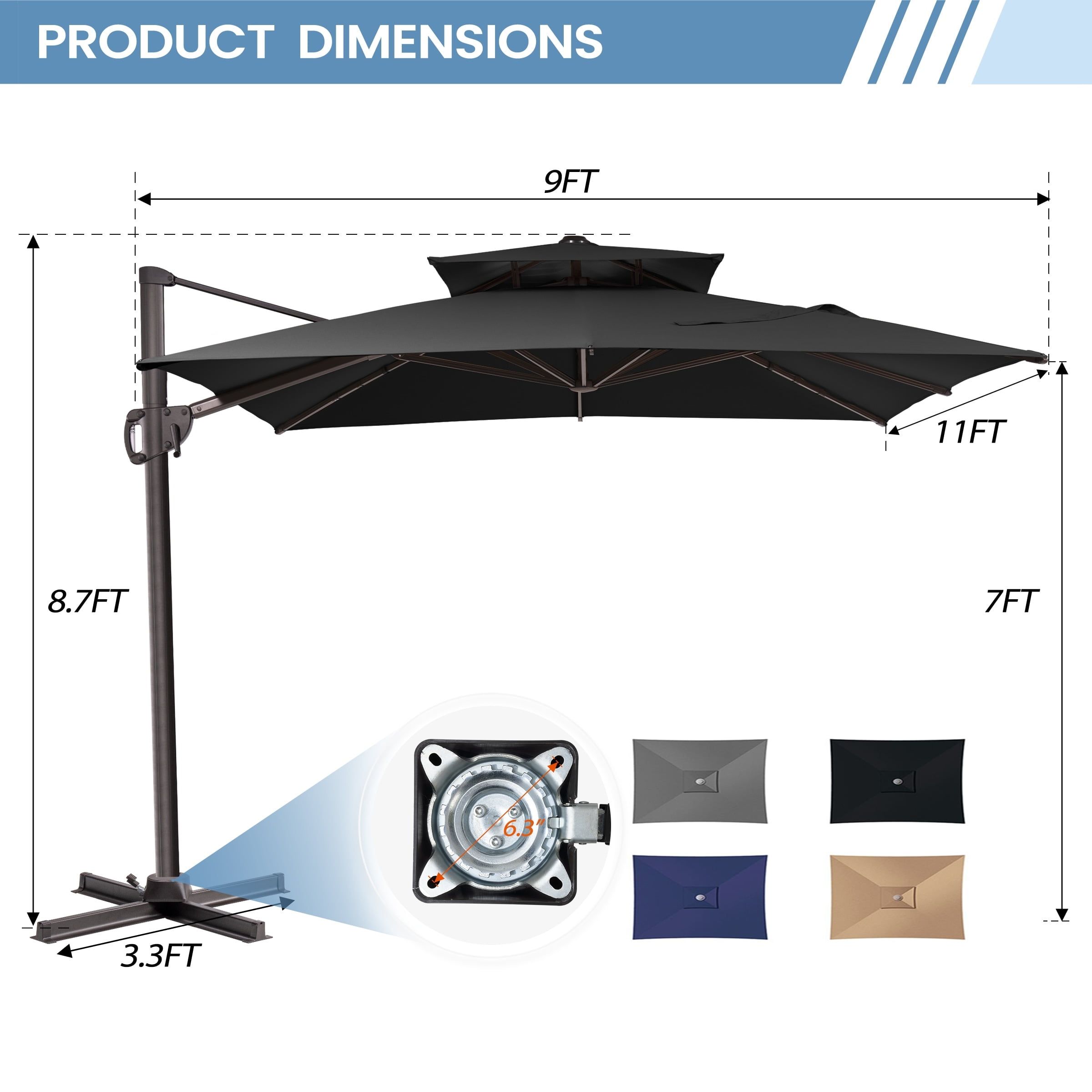 Black and Brown 11 ft. Rectangular Cantilever Patio Umbrella with Metal Pole